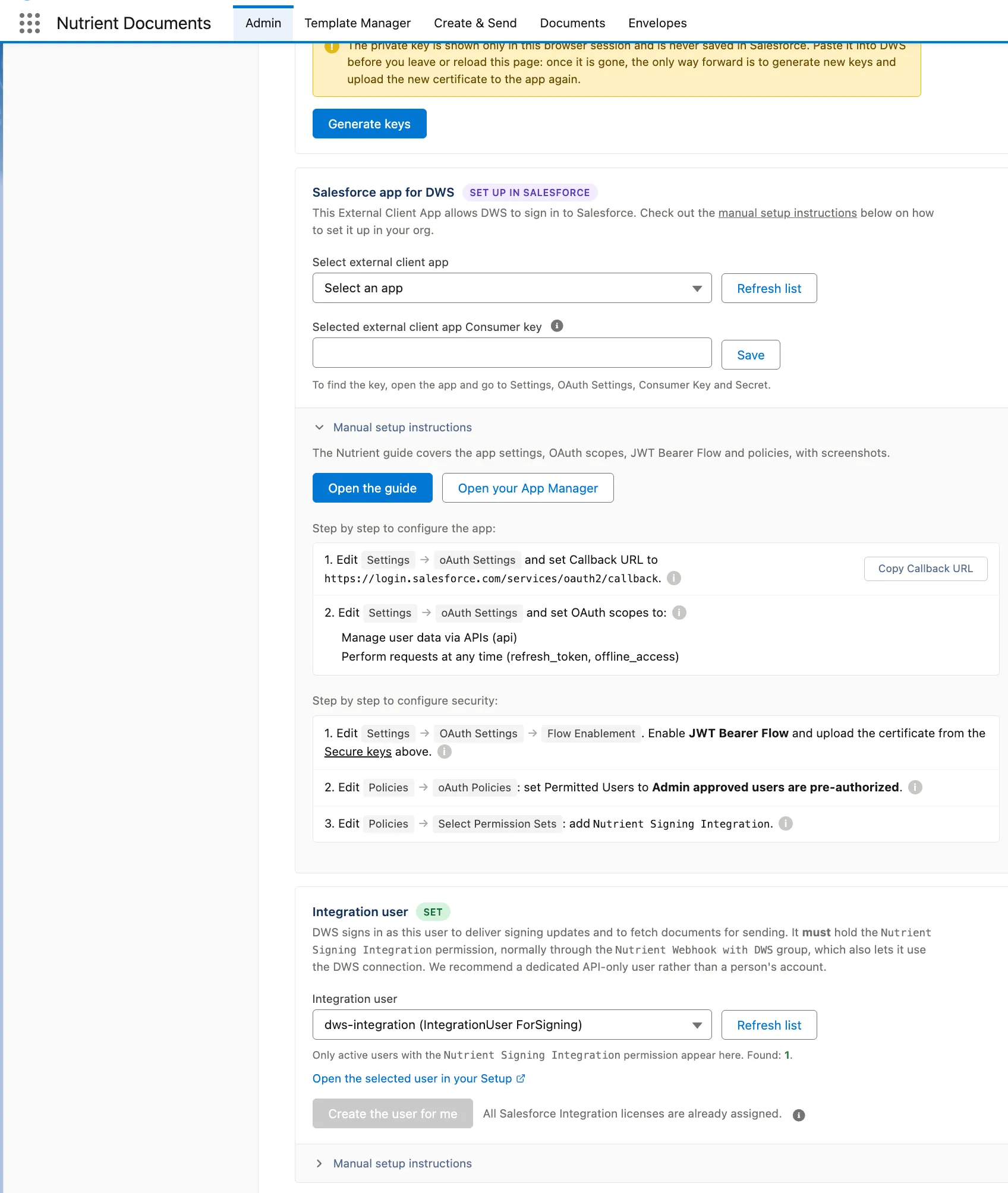 Nutrient Admin Inbound page showing manual setup instructions for the Salesforce app for DWS