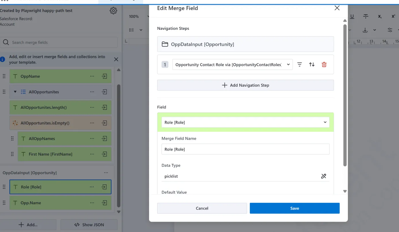 Edit Data Input dialog in Template Manager showing the Display Merge Field In Dropdown setting with merge field options