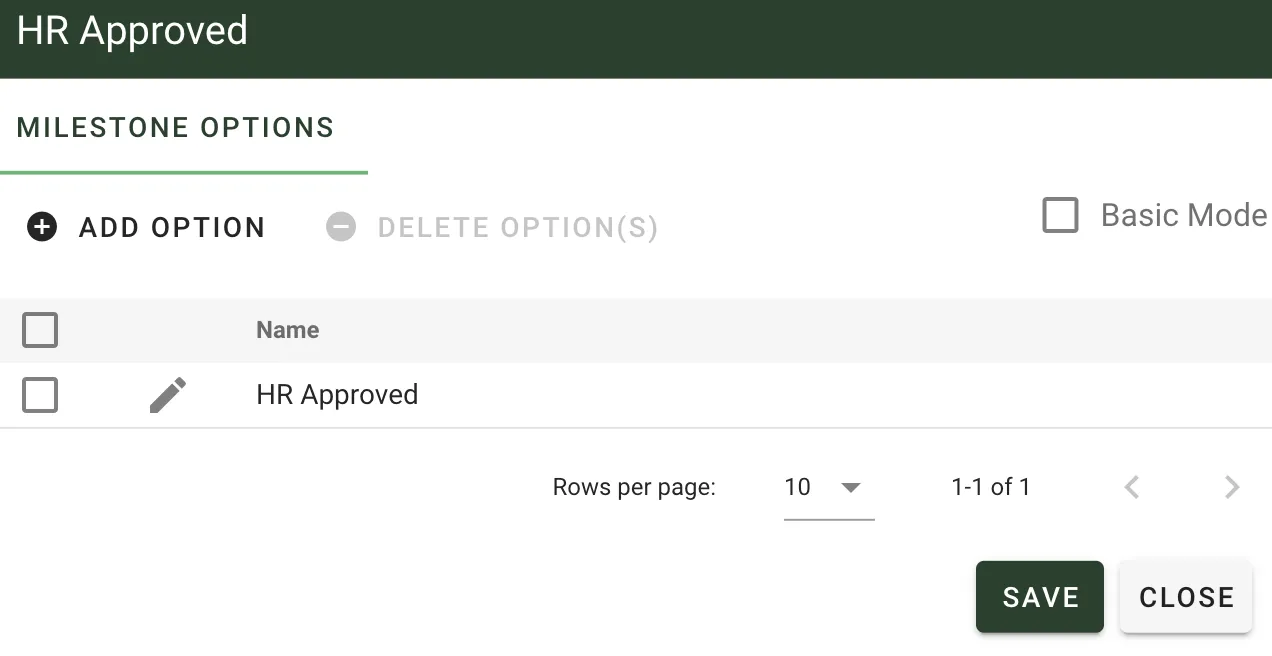 Milestone task configuration screen showing basic mode settings and default value options