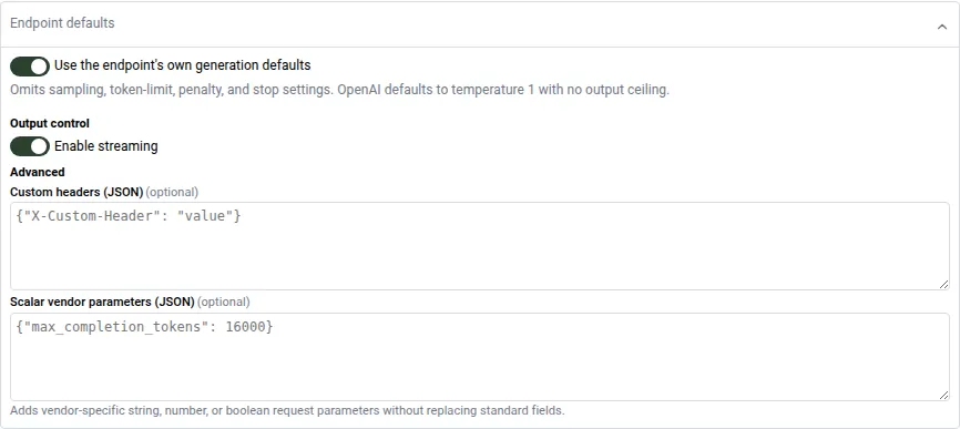 Model parameters panel with endpoint generation defaults enabled