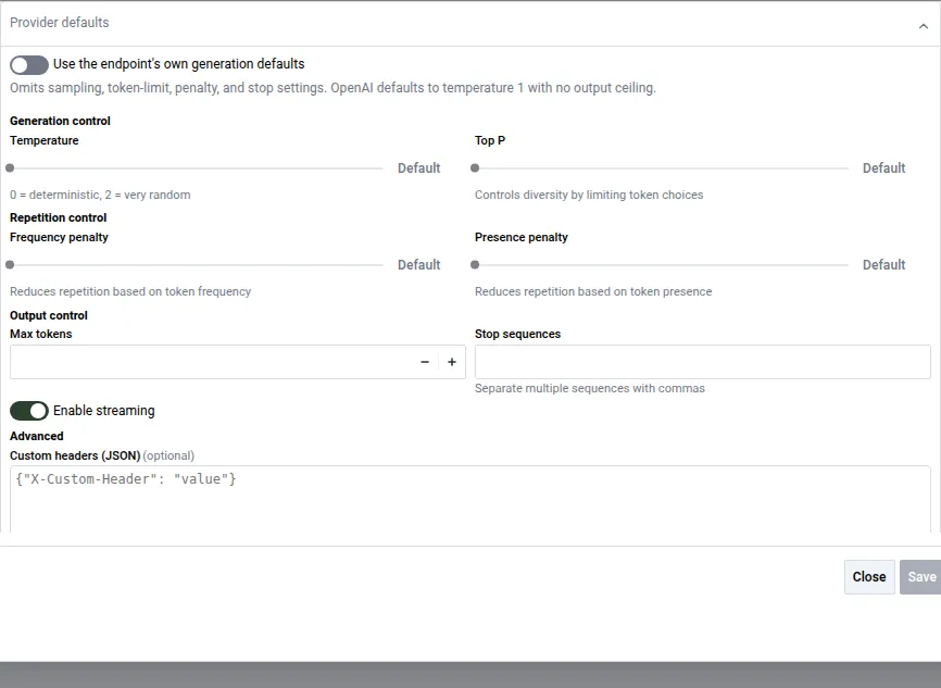 Model parameters panel with the generation controls visible and each parameter unset