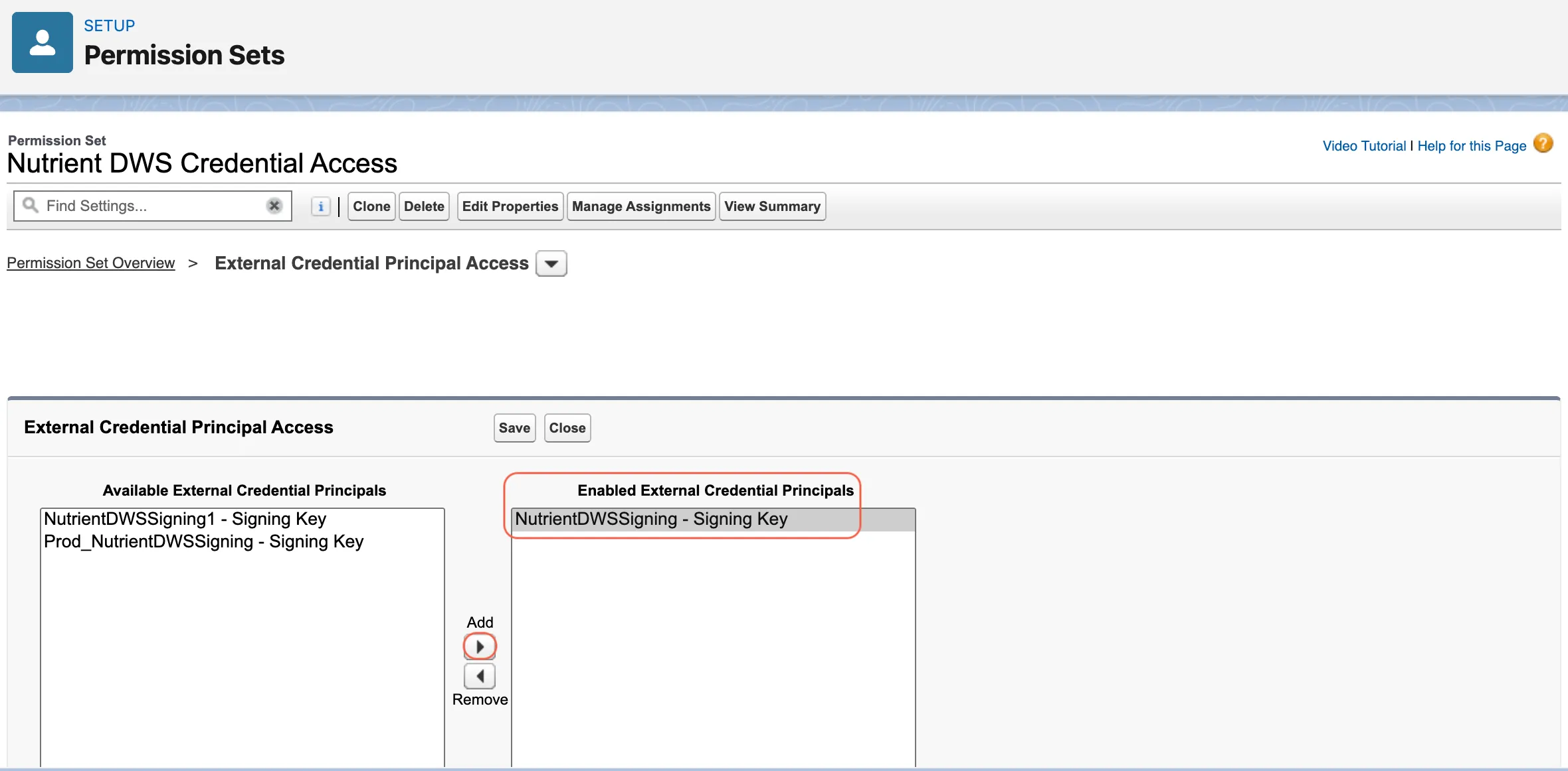 External Credential Principal Access screen showing the DWS signing principal enabled