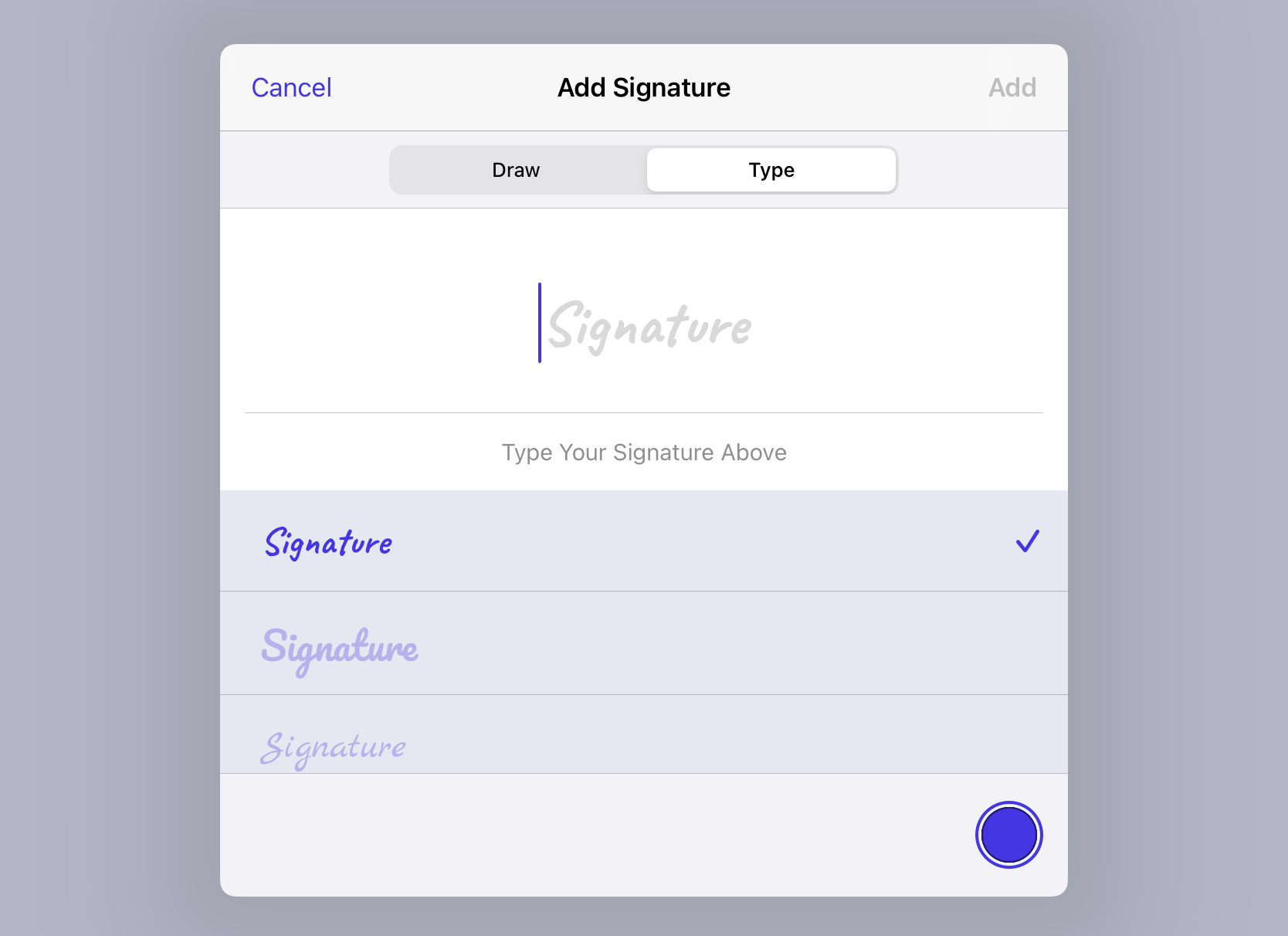 iPad screenshot screenshot showing only the Draw and Type tabs and no save signature button.