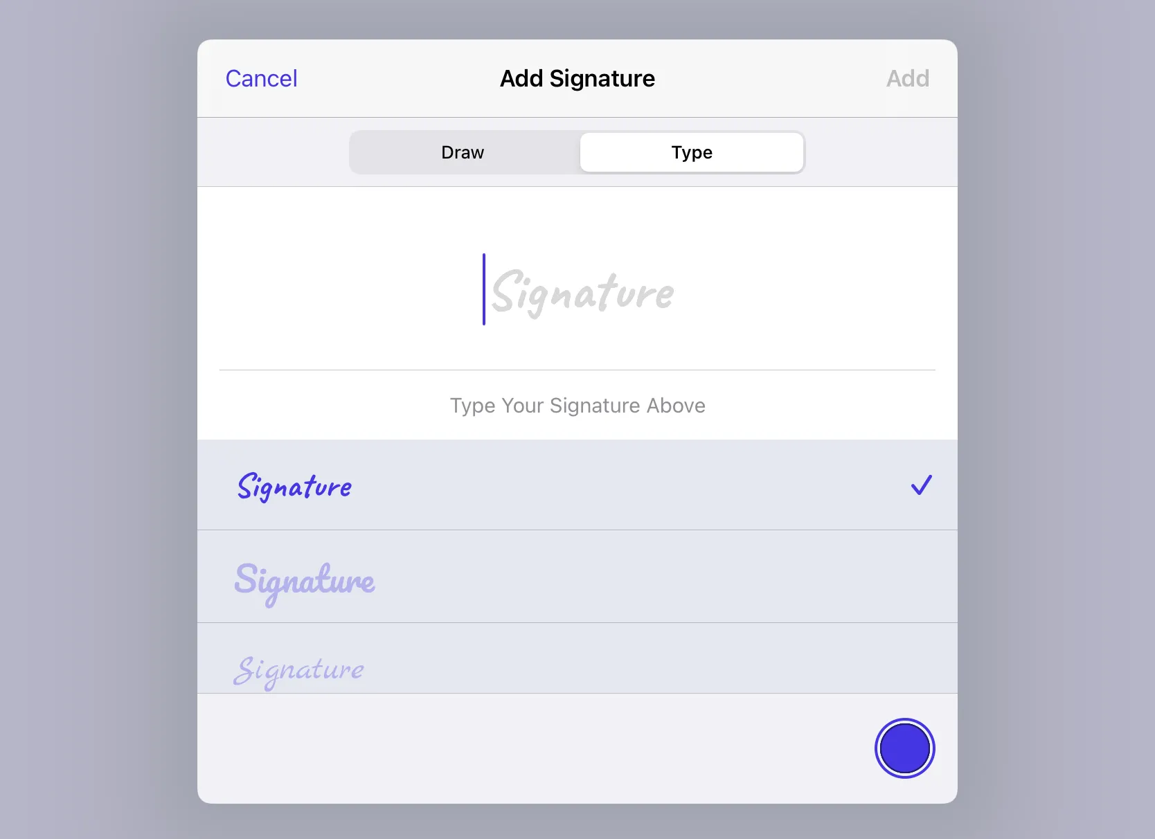 iPad screenshot screenshot showing only the Draw and Type tabs and no save signature button.