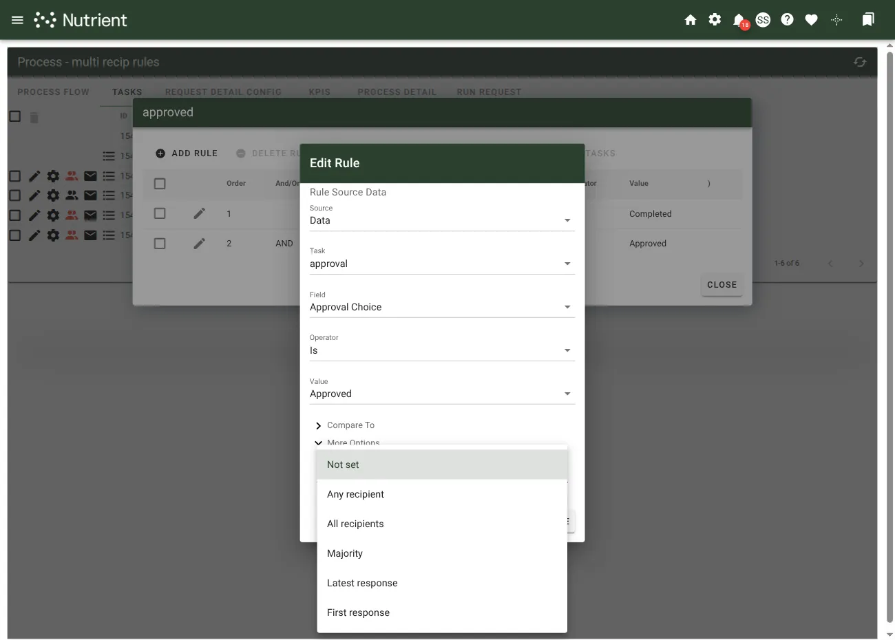 Multi-recipient handling dropdown showing the available options