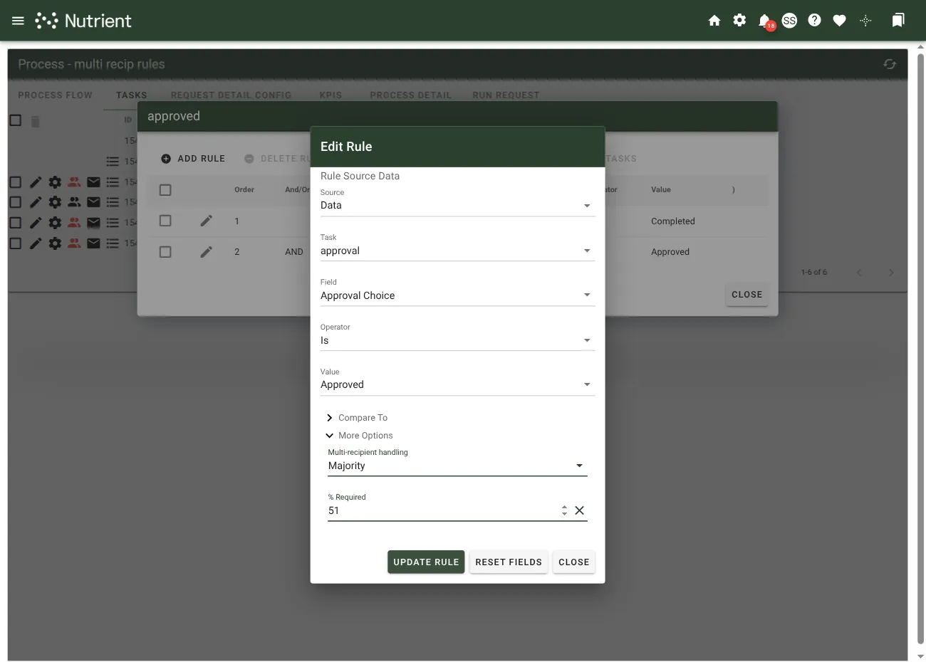Multi-recipient handling set to Majority with % Required threshold