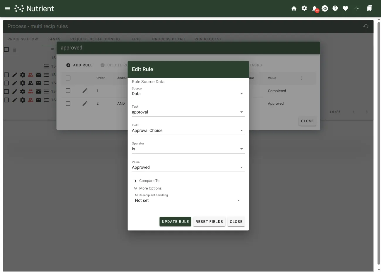 Multi-recipient handling dropdown in the More Options section