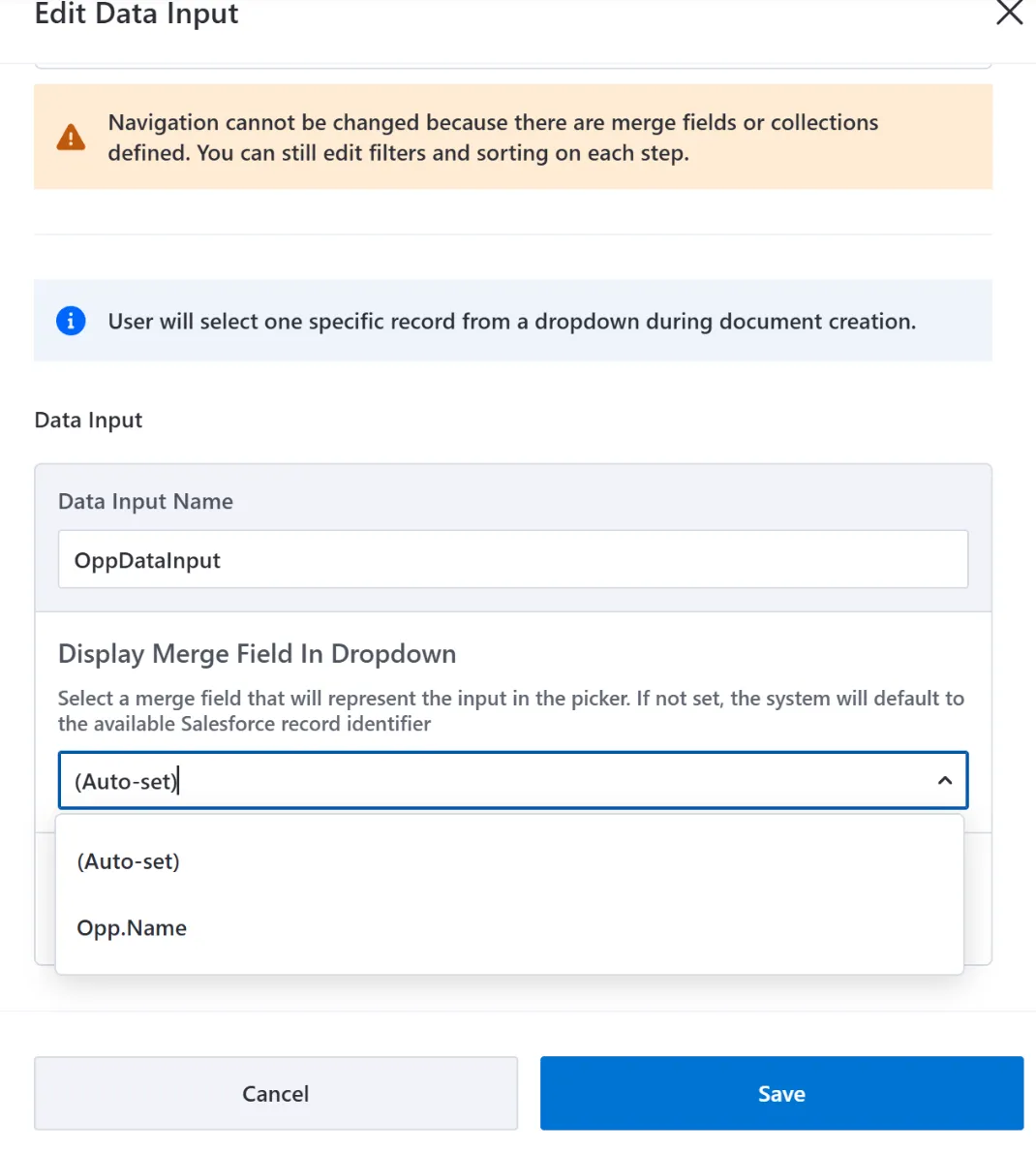 Edit Data Input dialog in Template Manager showing navigation cannot be changed because merge fields or collections exist