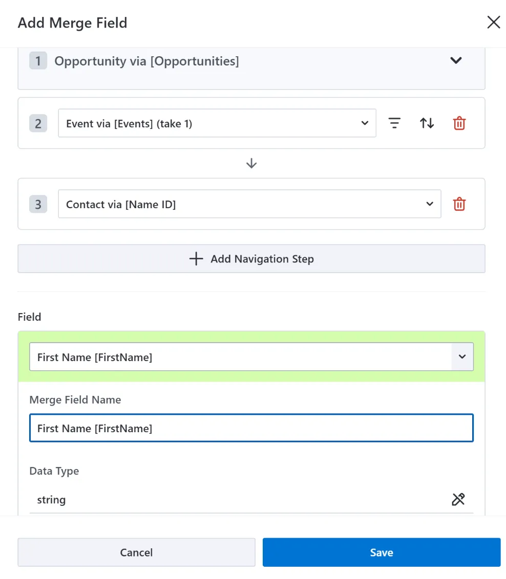 Add merge field dialog in Template Manager showing navigation steps ending in a lookup field