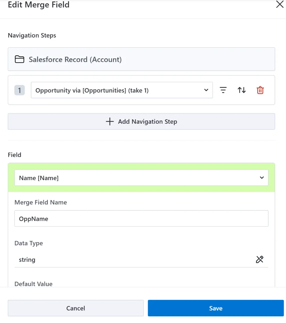 Edit Merge Field dialog in Template Manager showing a navigation step that takes one related record