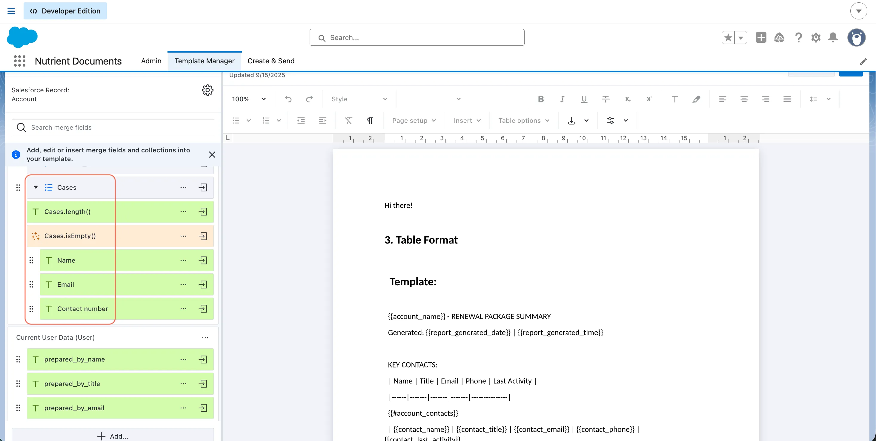Collection configuration in Template Manager showing a repeating record group with nested merge fields