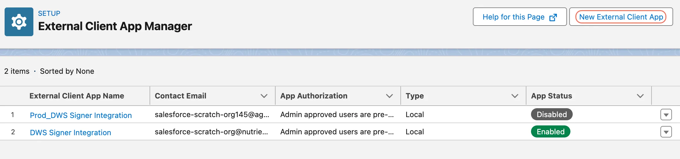 External Client App Manager showing the New External Client App button