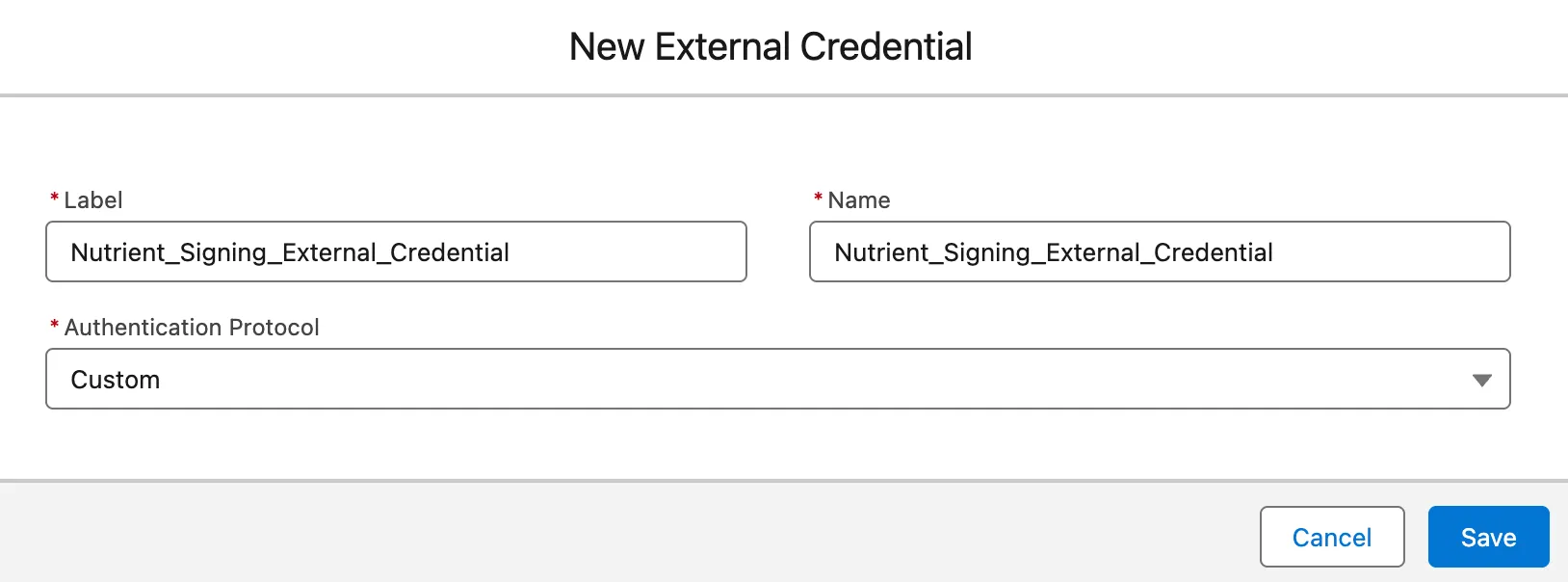 New External Credential form showing the label and Custom authentication protocol