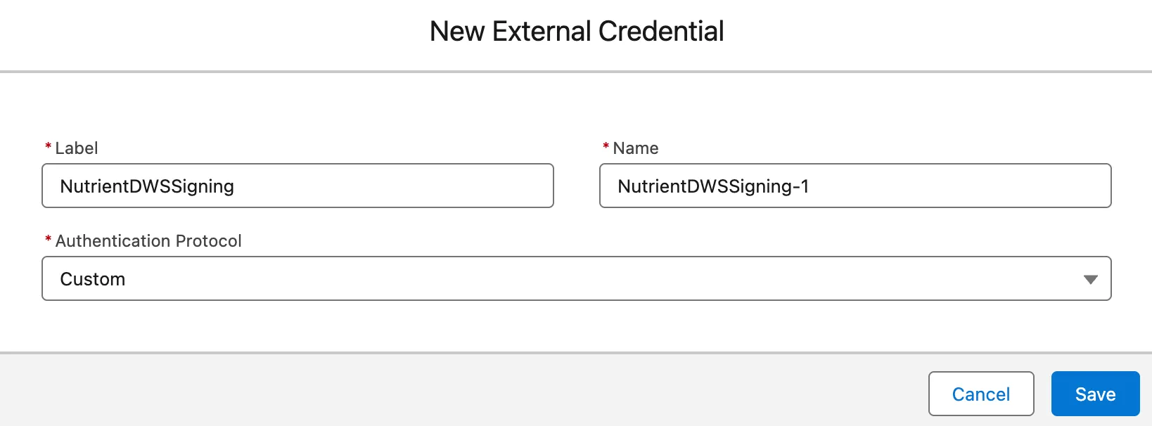 New External Credential form showing the label and Custom authentication protocol
