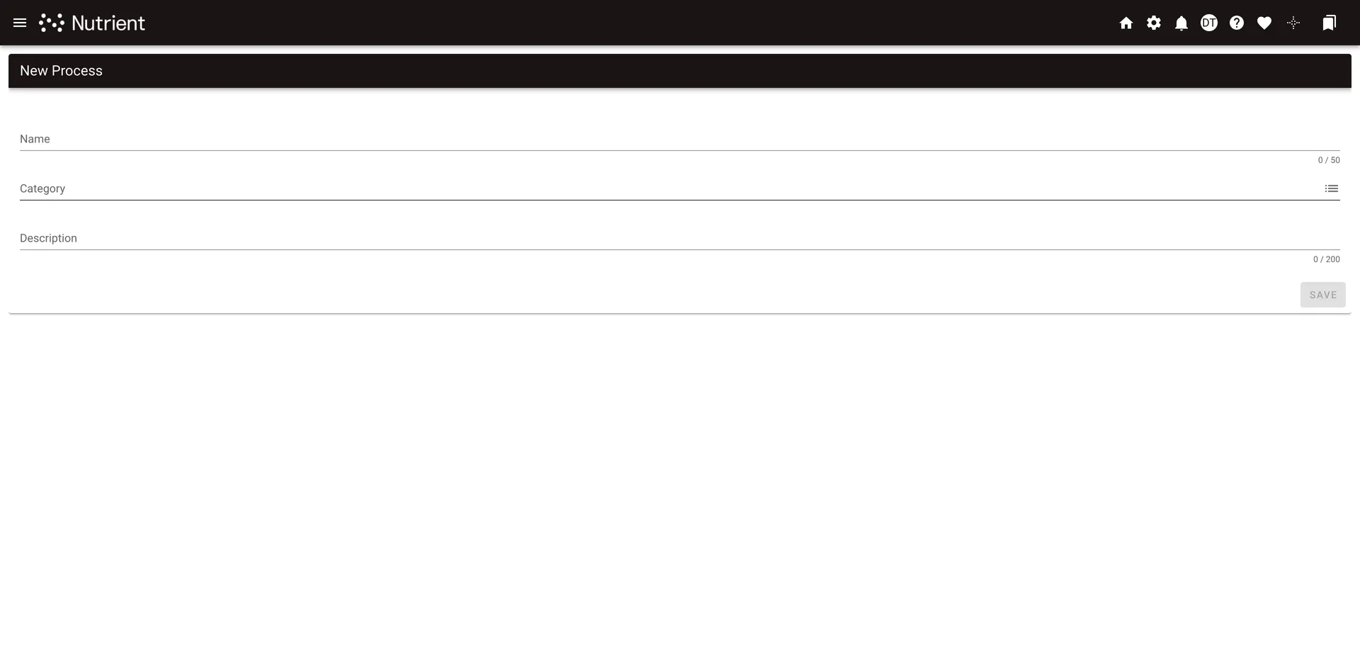 New Process dialog with Name, Category, and Description fields