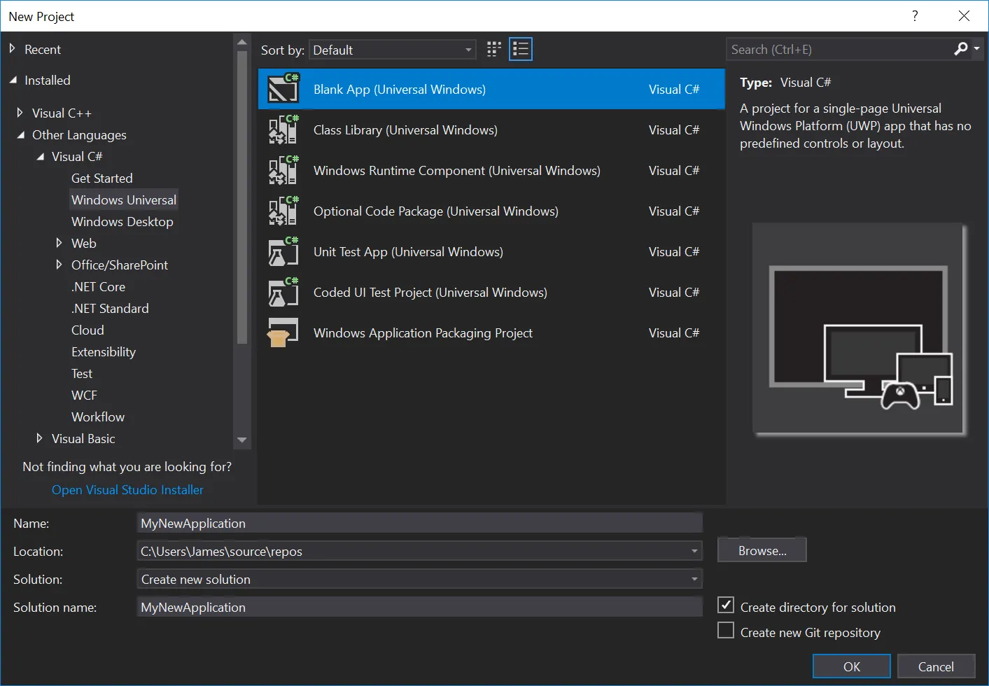 Screenshot of a New Project window in Visual Studio