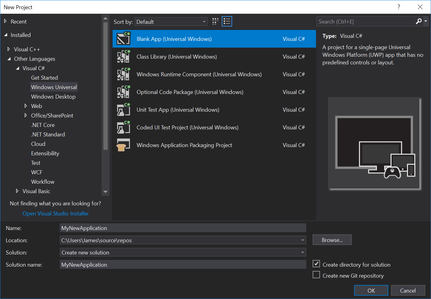 Screenshot of a New Project window in Visual Studio