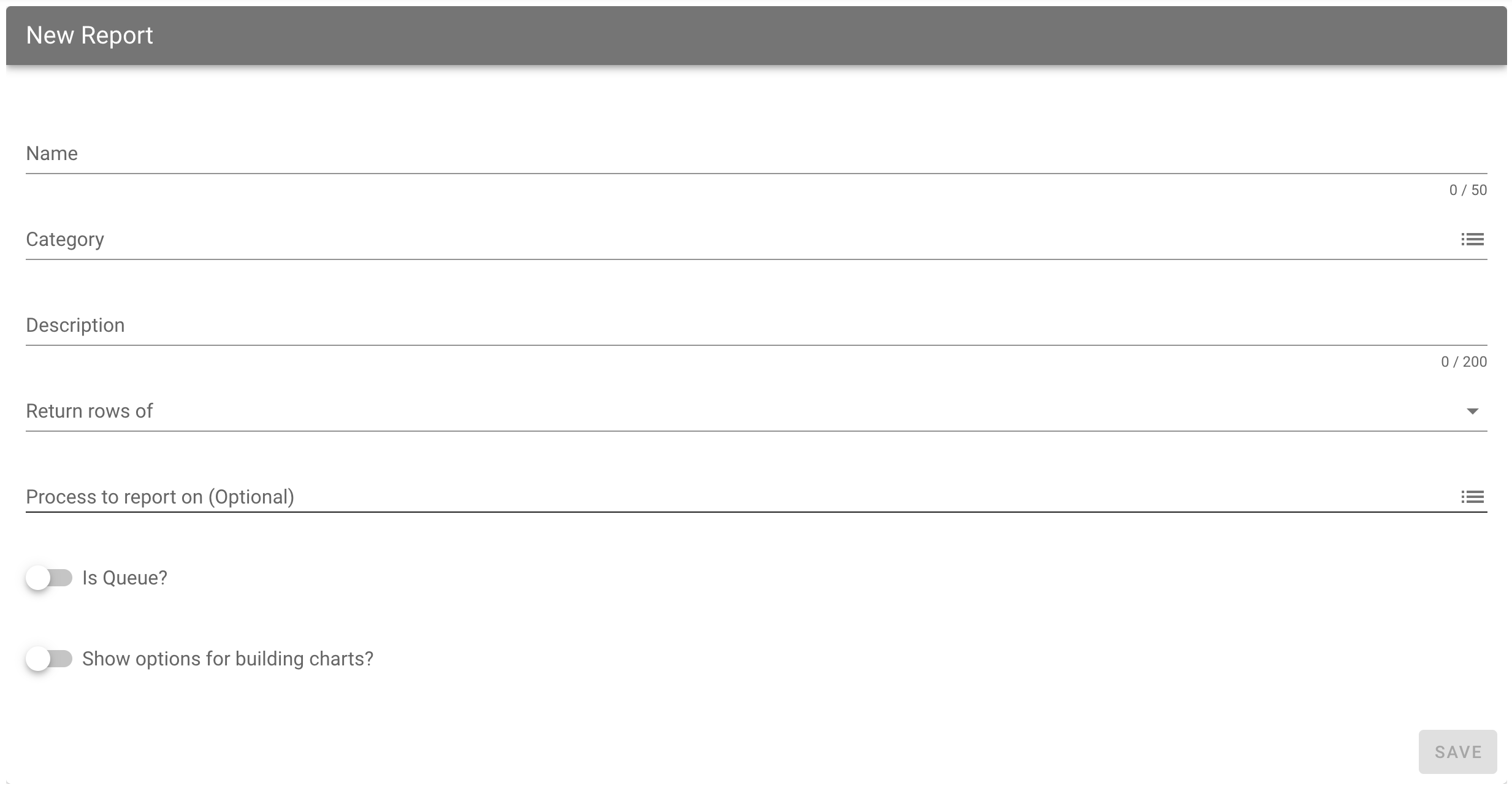New report configuration screen with attribute fields