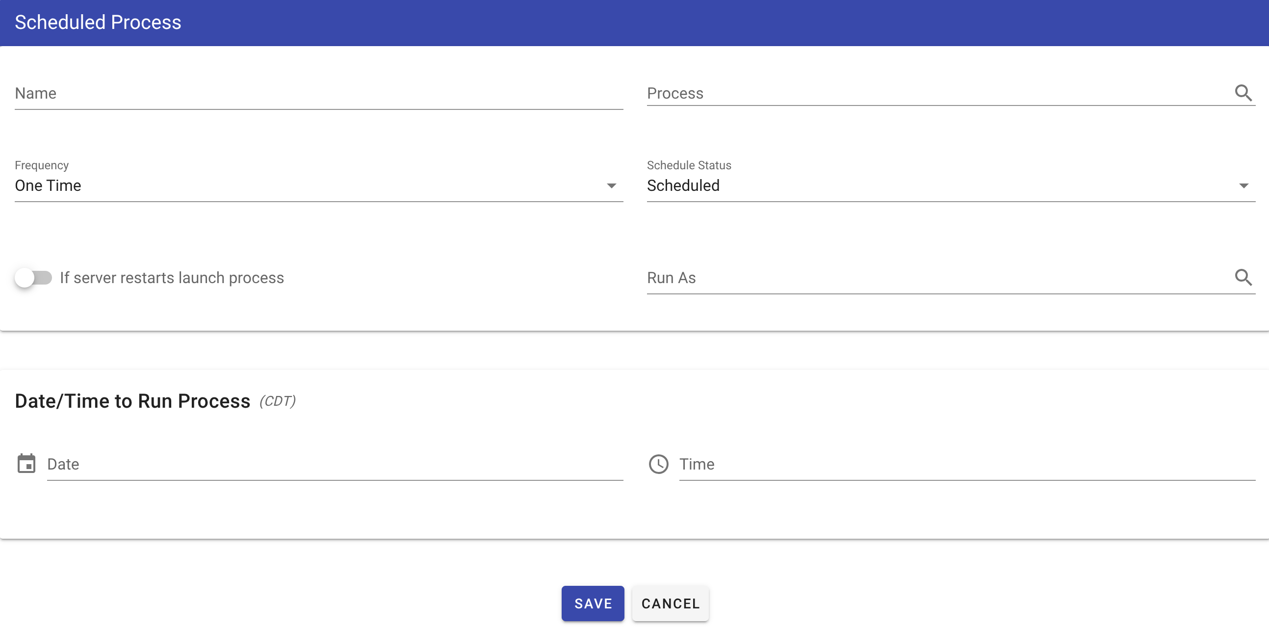 New Scheduled Process configuration form with fields for process details and scheduling options