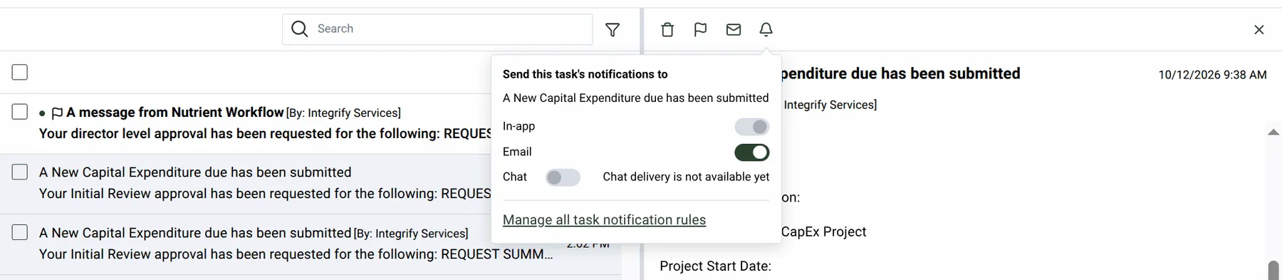 The bell in the details pane of a task notification with its popover open, showing the email choice for that task