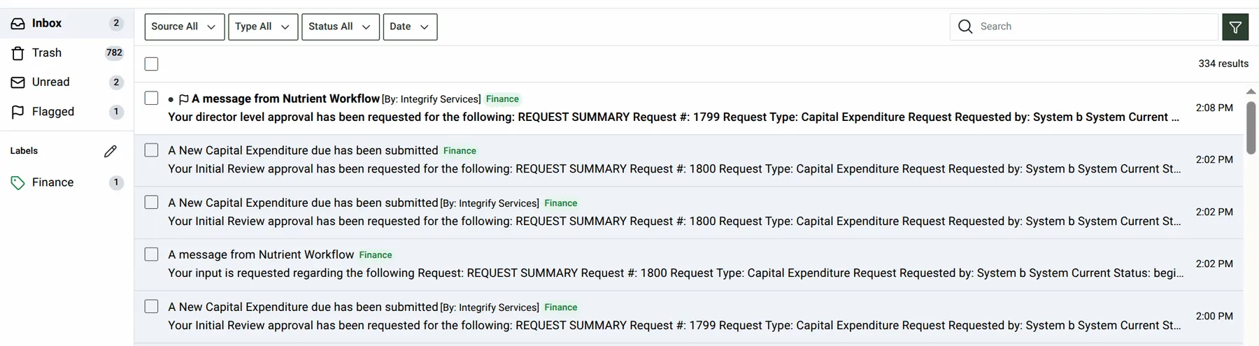 The message list with the Source, Type, Status and Date filters open above it, the search box, and a Finance label on several messages