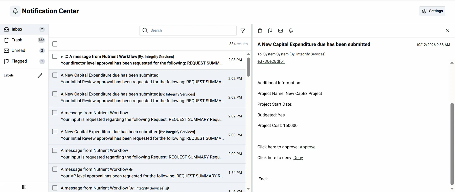 Notification Center with the folder and label list on the left, the message list in the middle, and an open task notification in the details pane with its Approve and Deny links