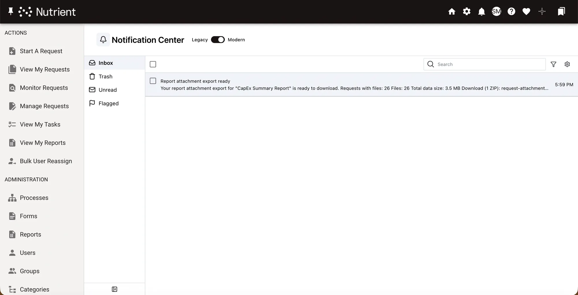 Notification Center showing the Inbox, Trash, Unread, and Flagged folders on the left, a report attachment export message in the list, and the search, filter, and settings controls above it