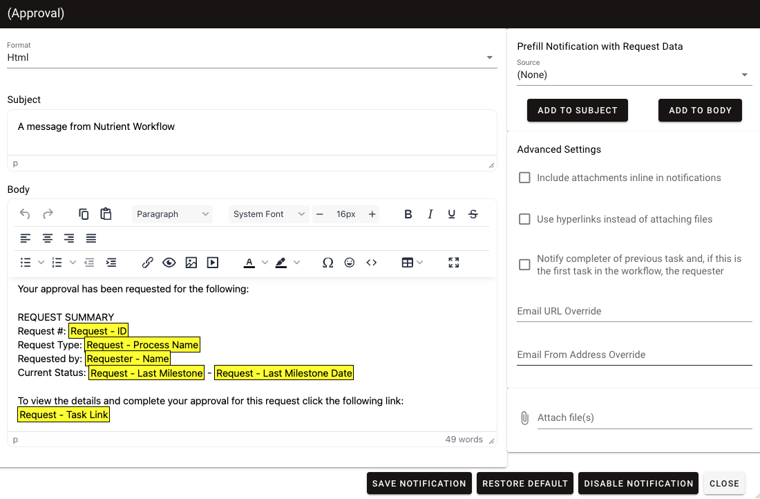 Notification Settings screen showing Format, Subject, Body, and Advanced Settings sections