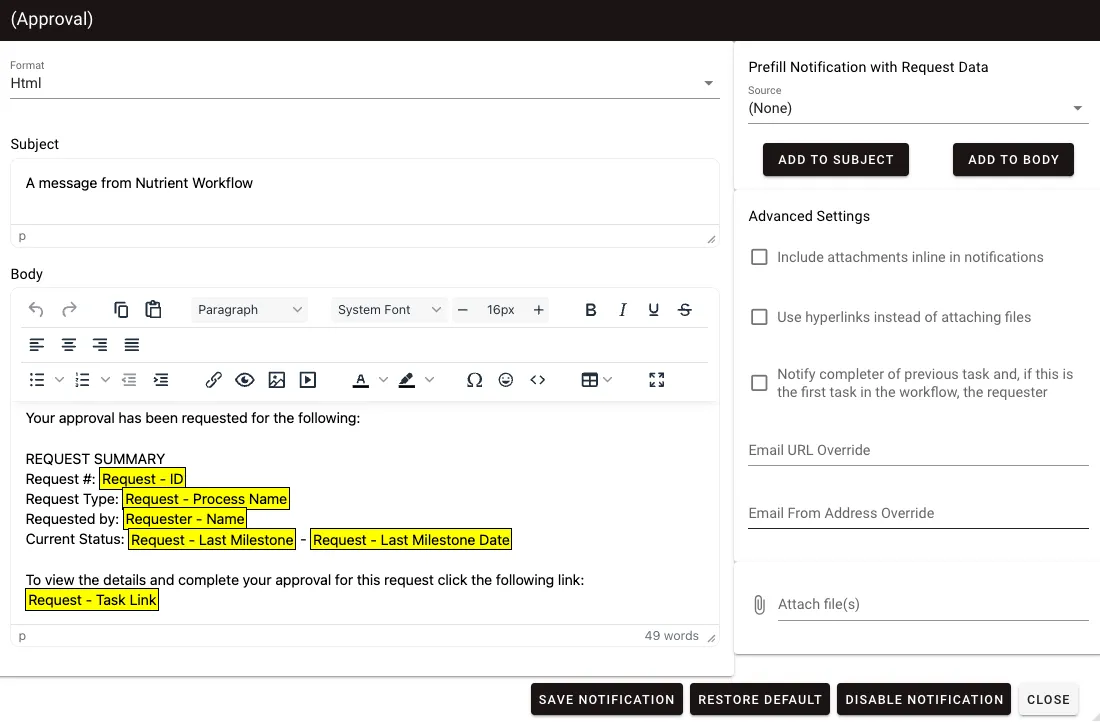 Notification Settings screen showing Format, Subject, Body, and Advanced Settings sections