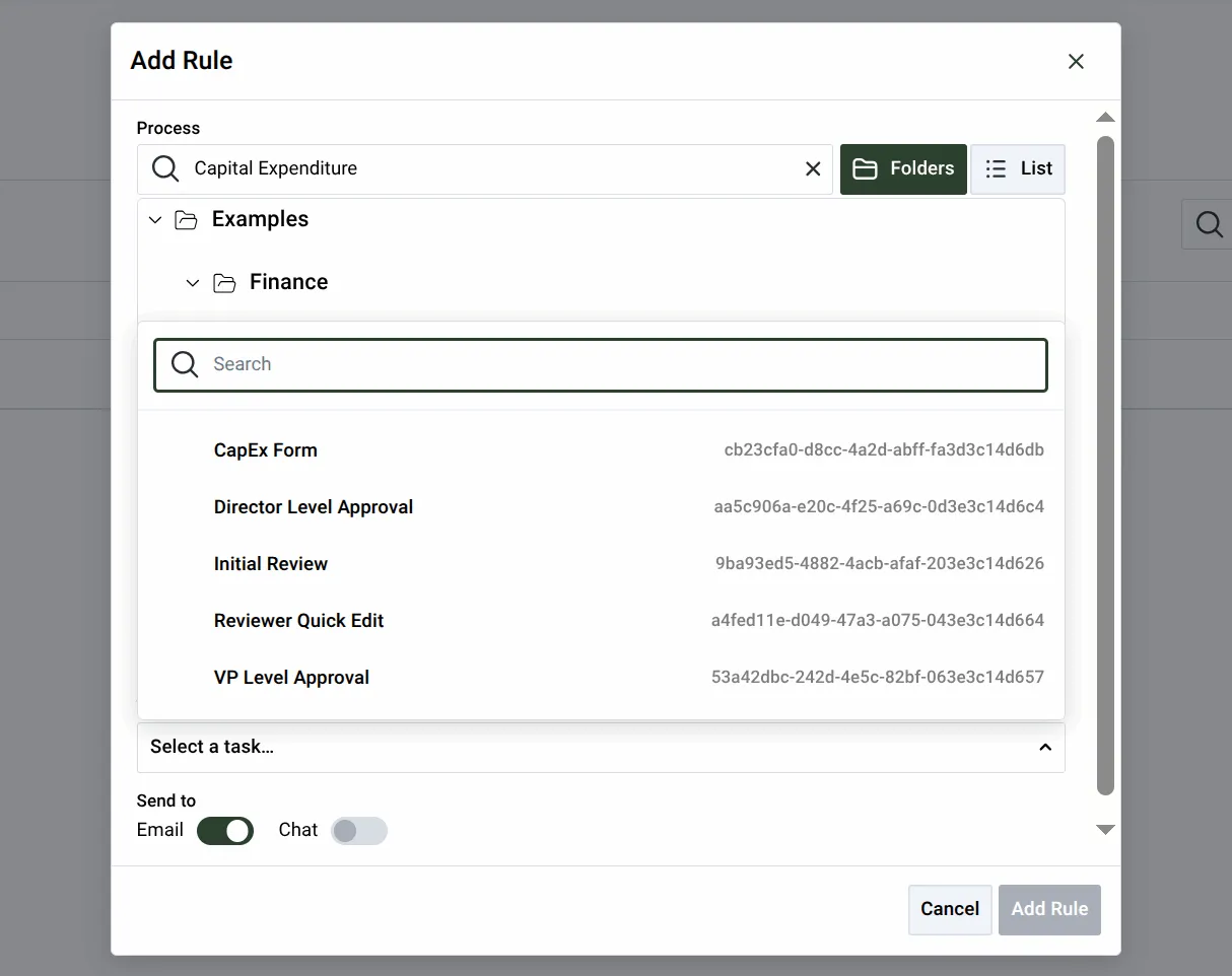 The Add Rule dialog with Capital Expenditure Request chosen and the list of its tasks