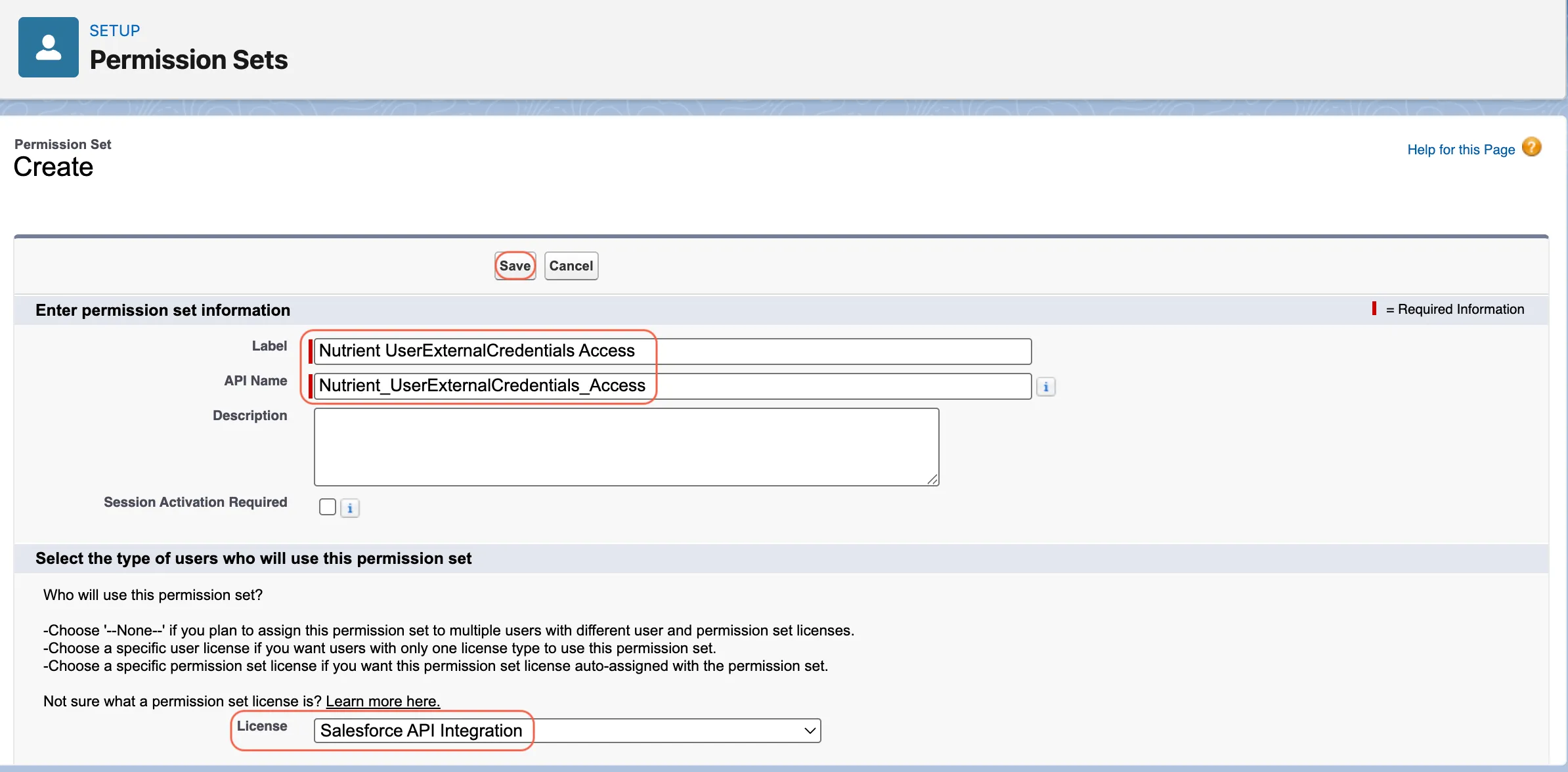 New Permission Set form showing the Nutrient UserExternalCredentials Access details and Salesforce API Integration license