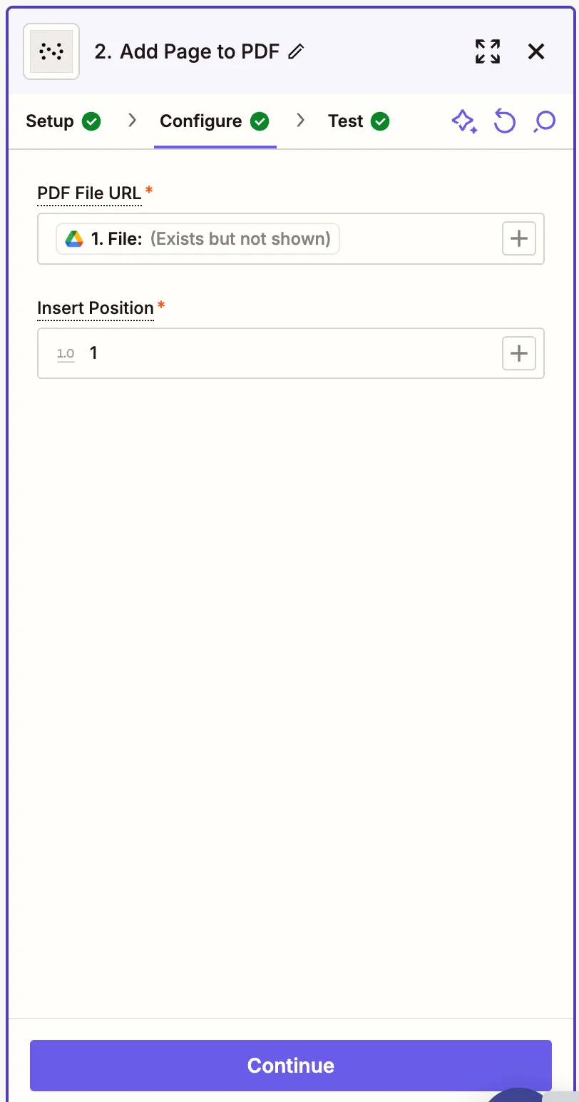 Map the PDF file URL, insert position, and output file name in the Add Page to PDF action step