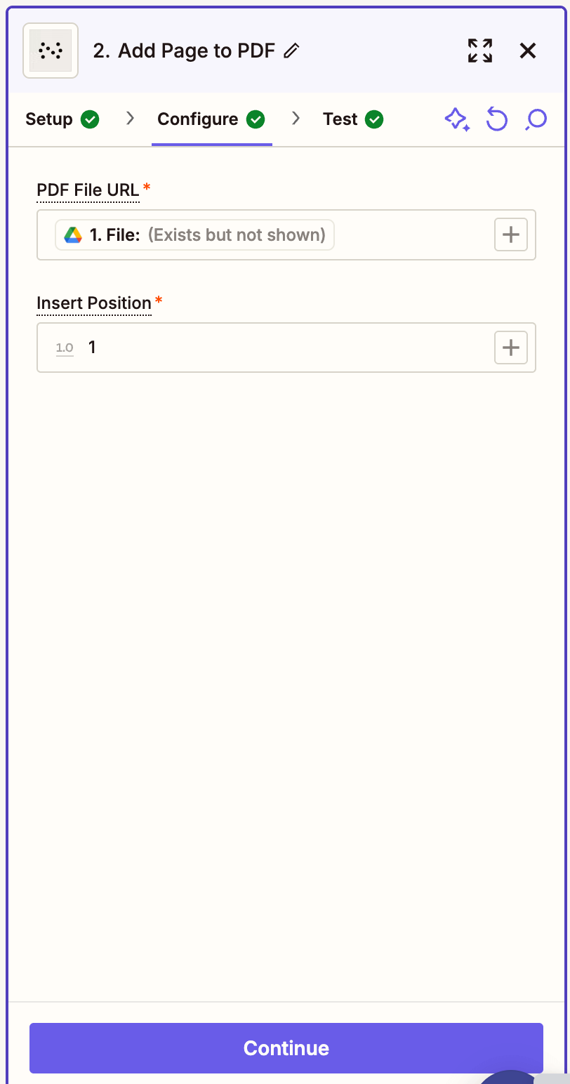 Map the PDF file URL, insert position, and output file name in the Add Page to PDF action step