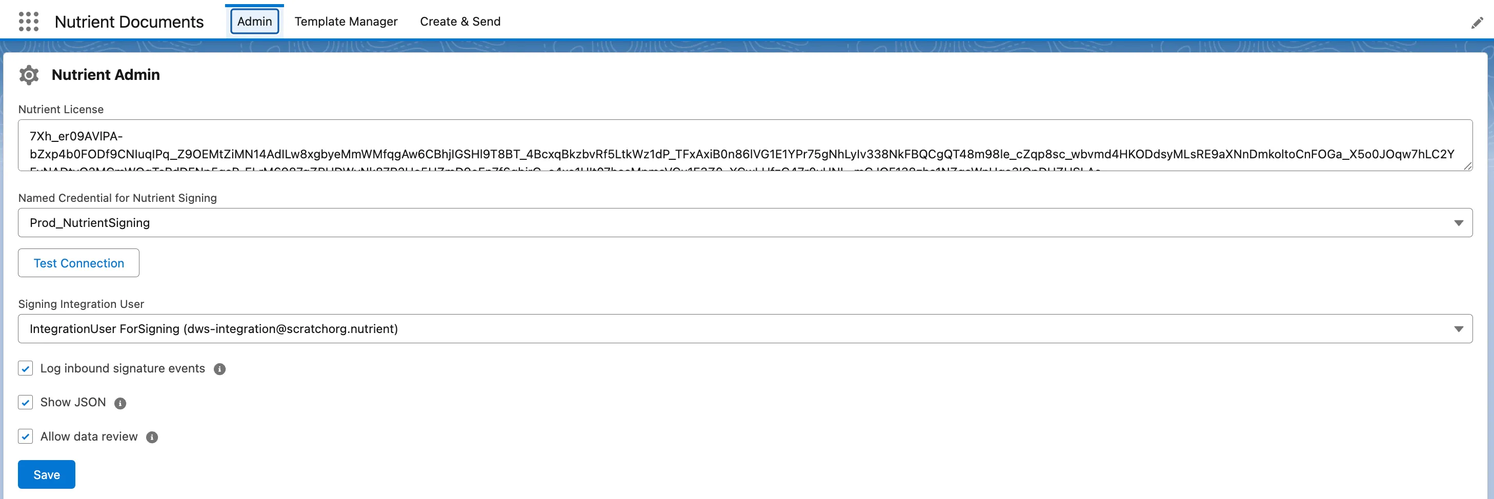 Nutrient Admin tab showing the named credential and signing integration user fields
