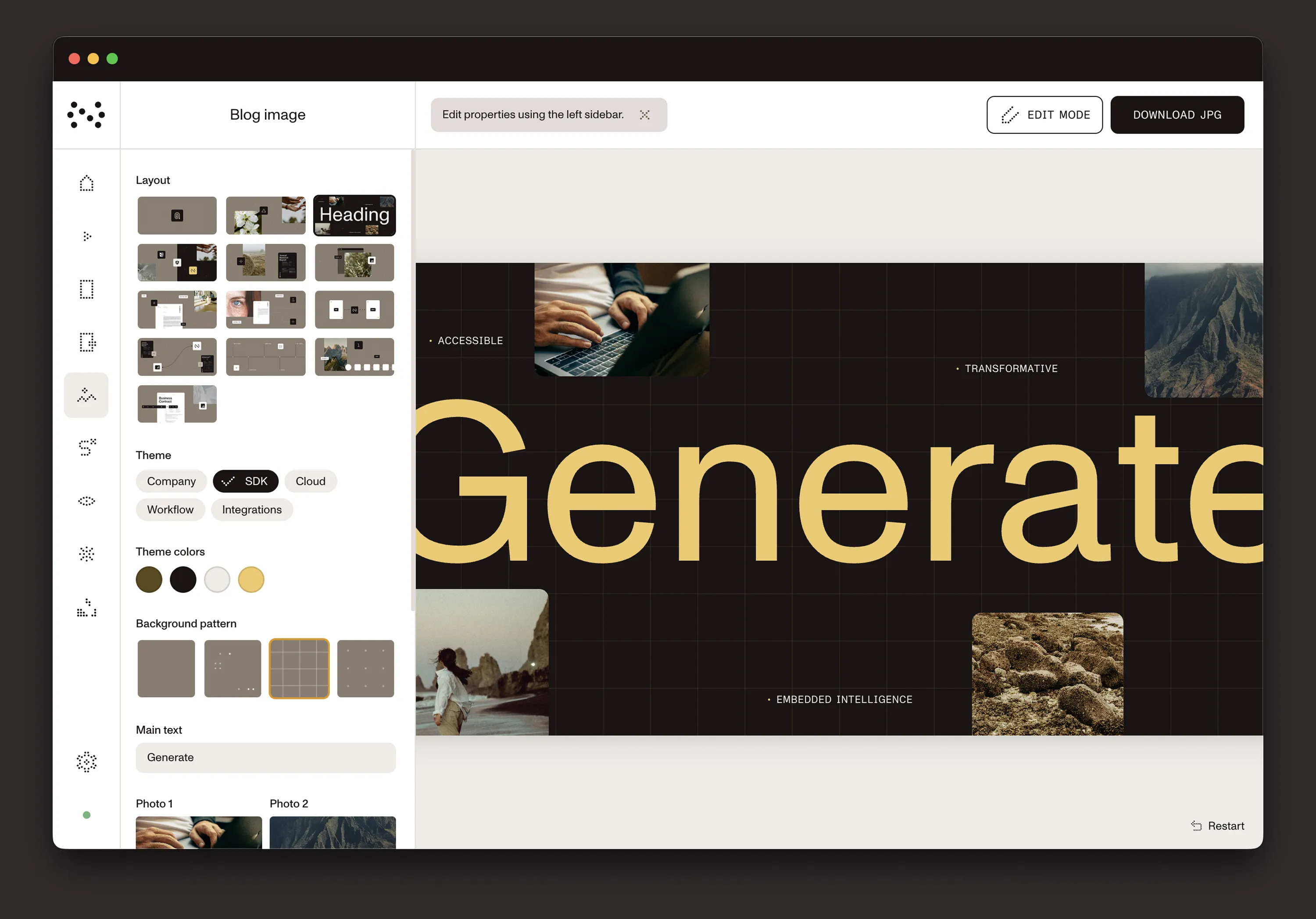 The blog image generator, with layout, theme, background pattern, and photo options beside the generated header