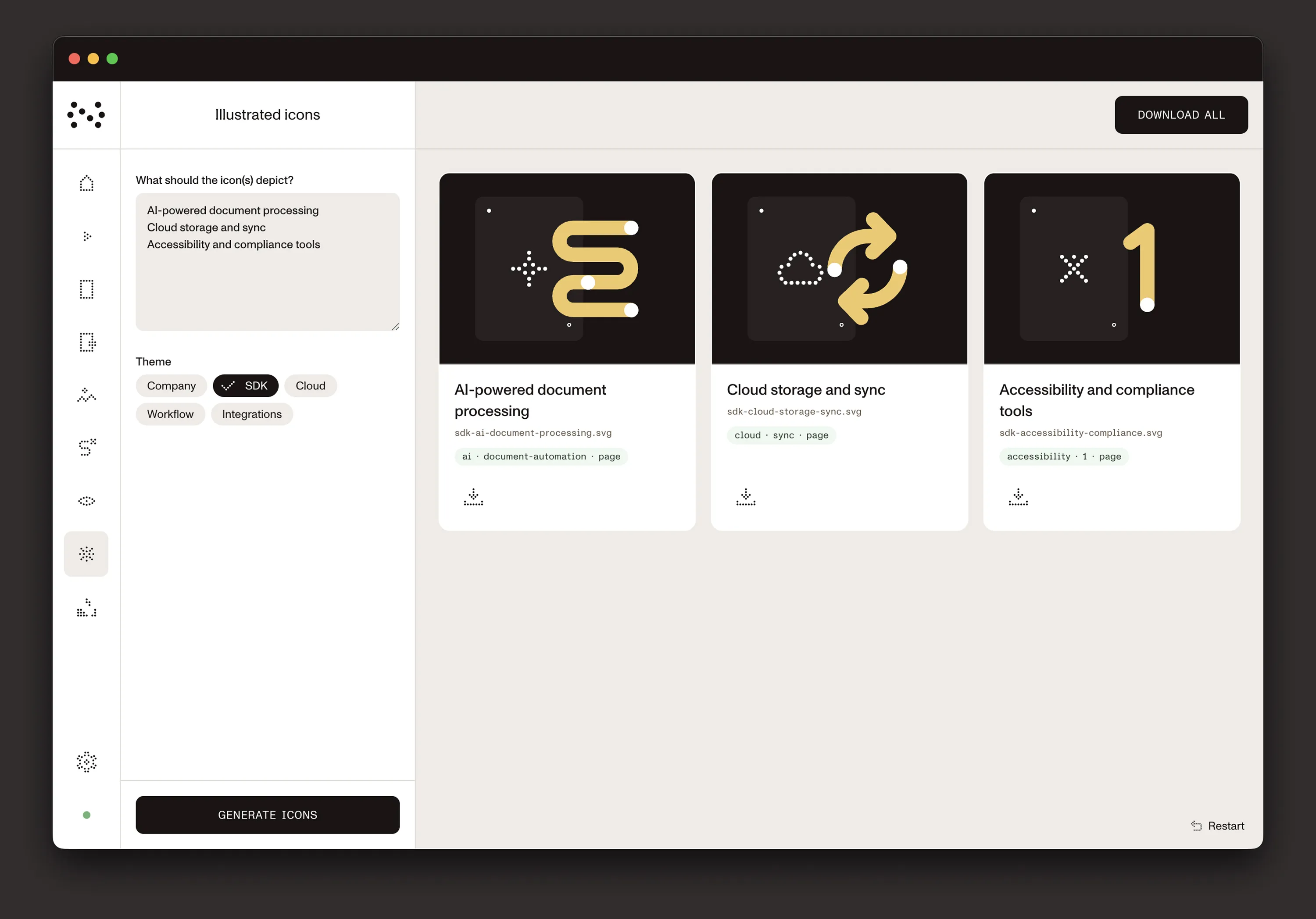 The illustrated icons generator, turning three short descriptions into on-brand icon compositions