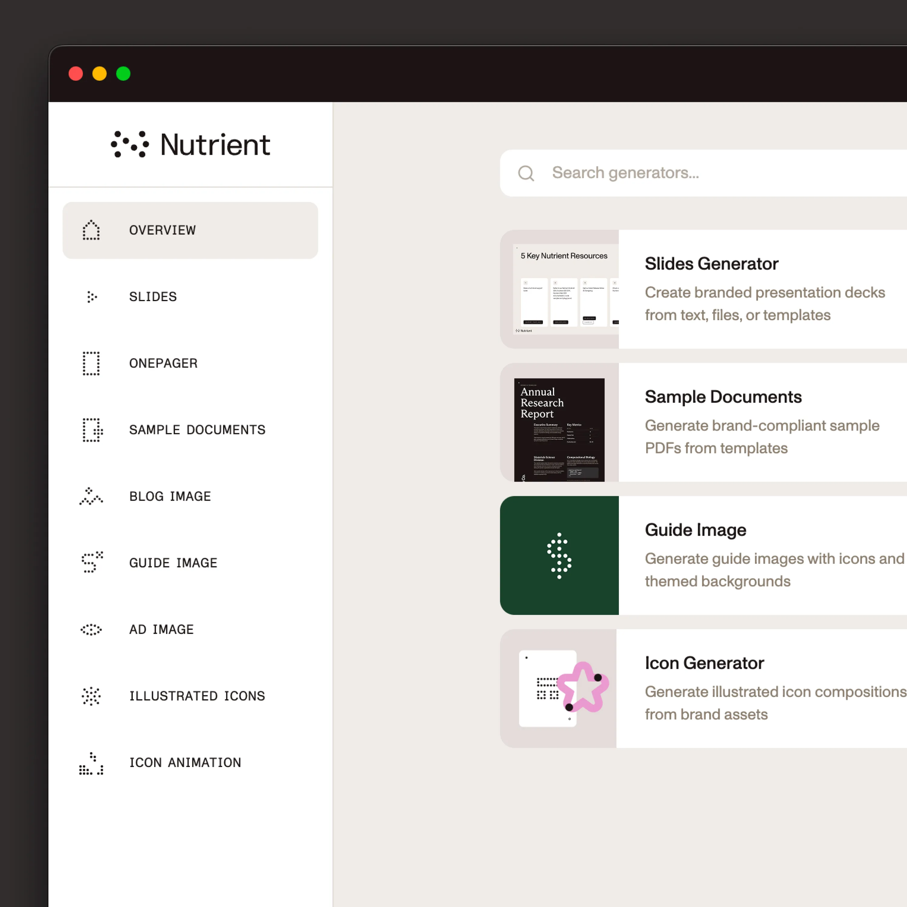 The Nutrient brand studio, listing generators for slides, one-pagers, sample documents, blog and guide images, ads, and icons
