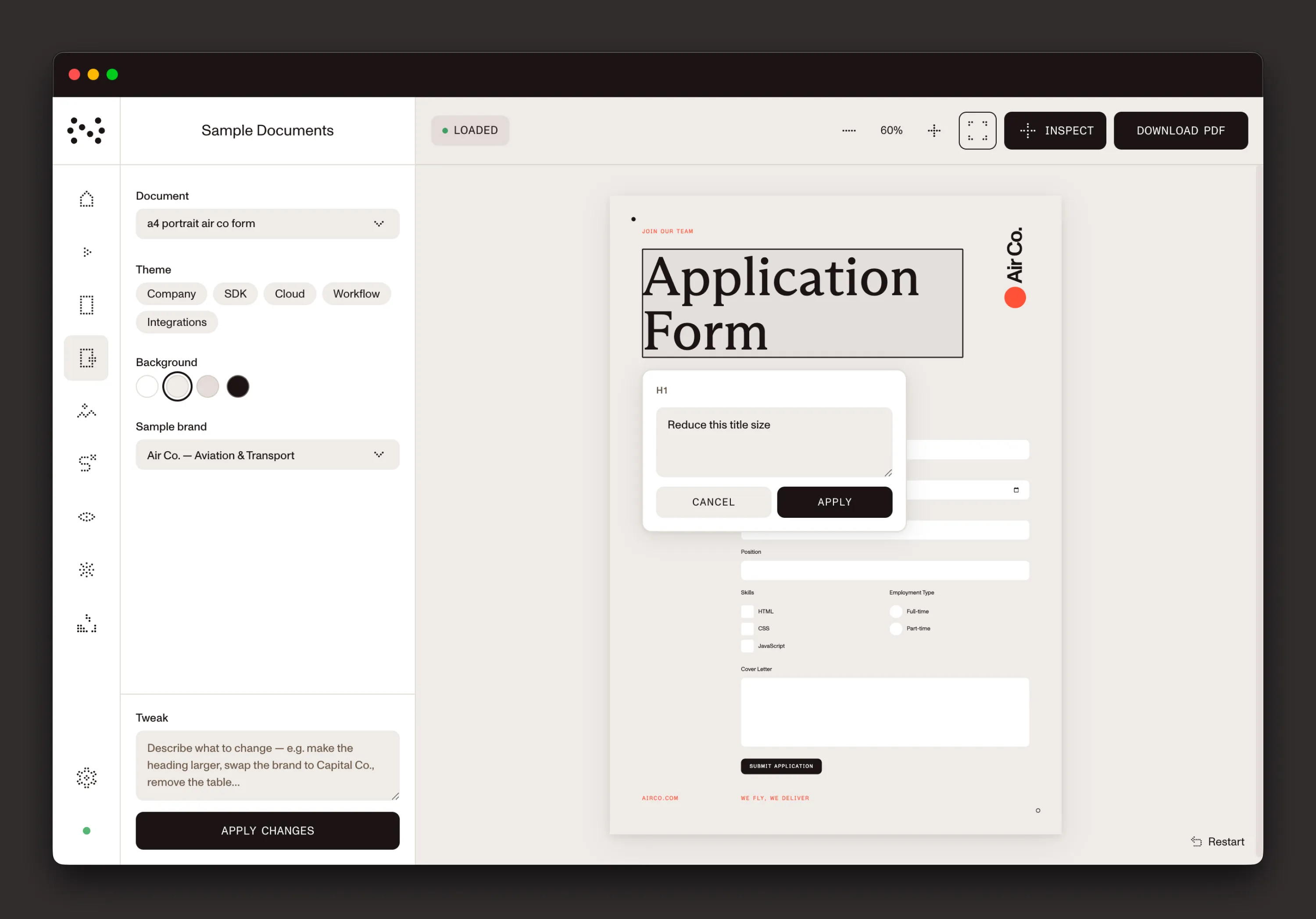 A sample document in the brand studio, with a request to reduce the title size on the selected heading