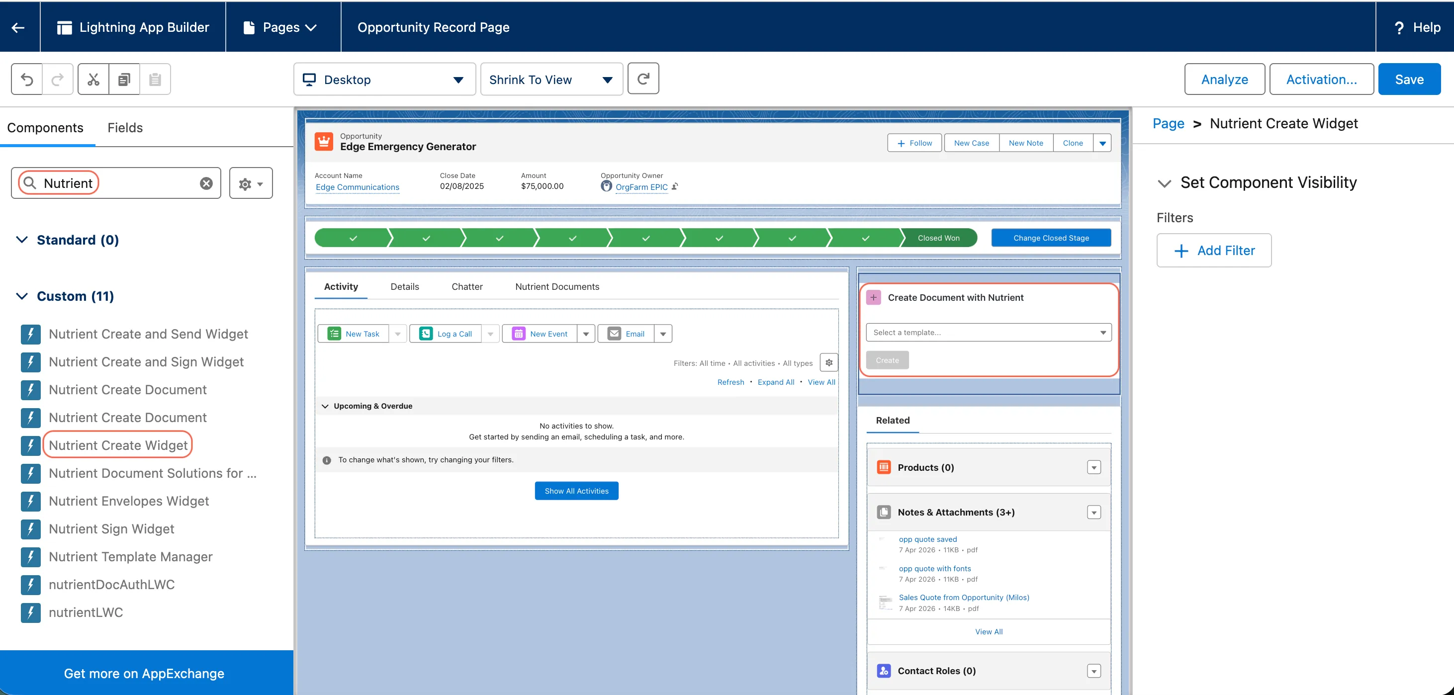 Lightning App Builder showing the document creation widget placed on a Salesforce record page