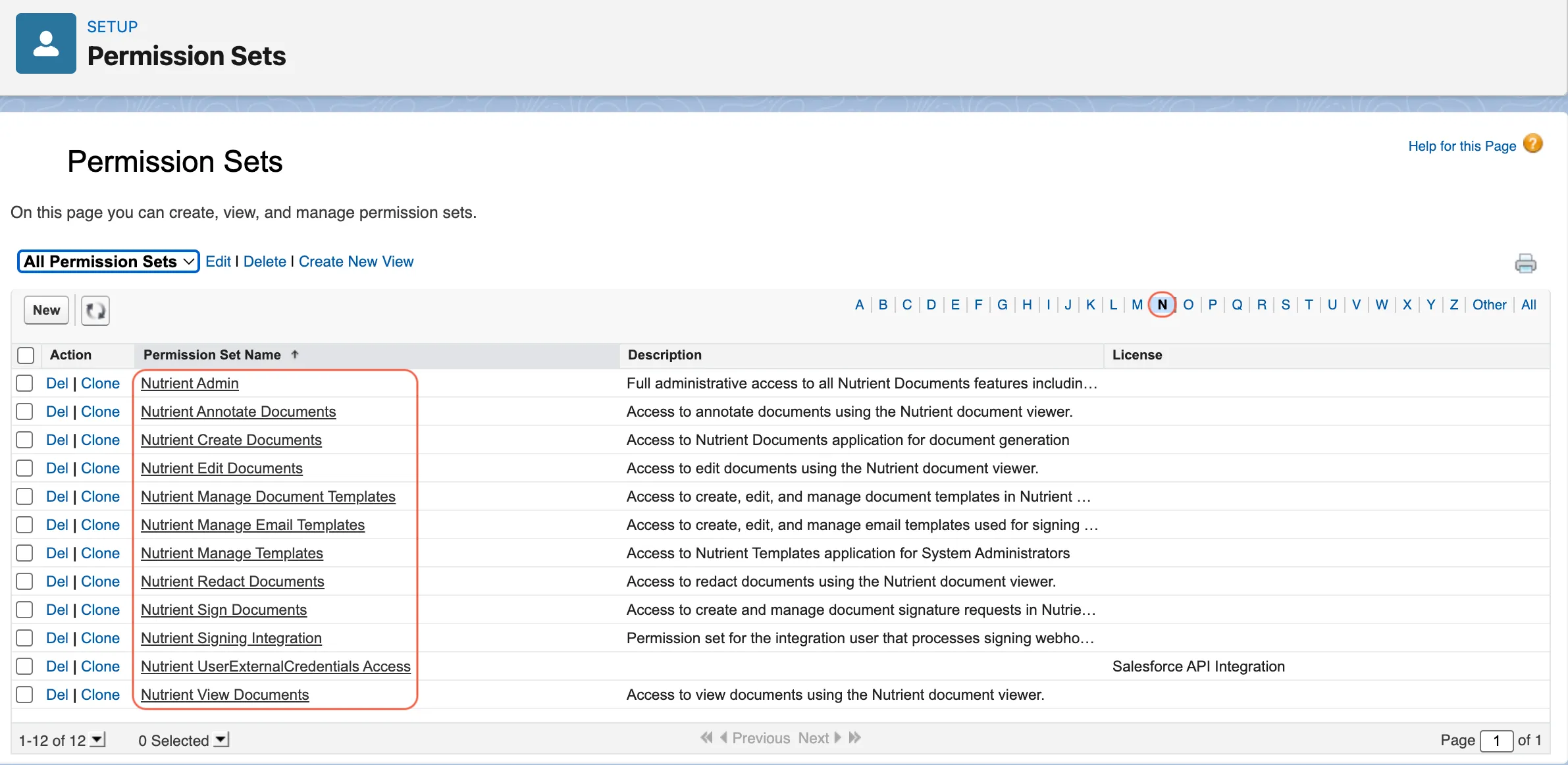 Salesforce Permission Sets page showing the Nutrient permission sets