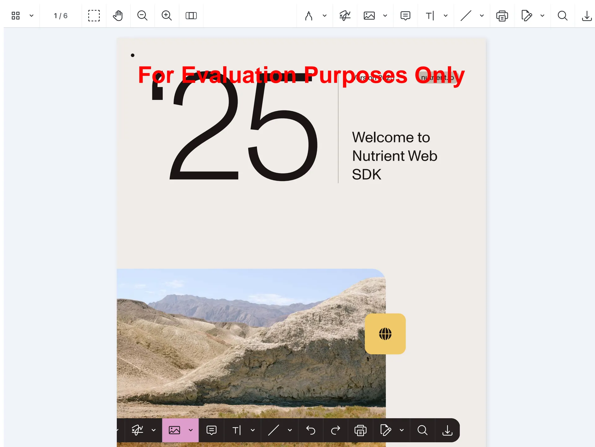 Screenshot of Nutrient Web SDK rendering a six-page PDF in the browser. The viewer has a full toolbar with thumbnail sidebar toggle, page navigation, zoom controls, pan mode, annotation tools (drawing, sign, image, note, text, shapes), document editor, search, export, and print.