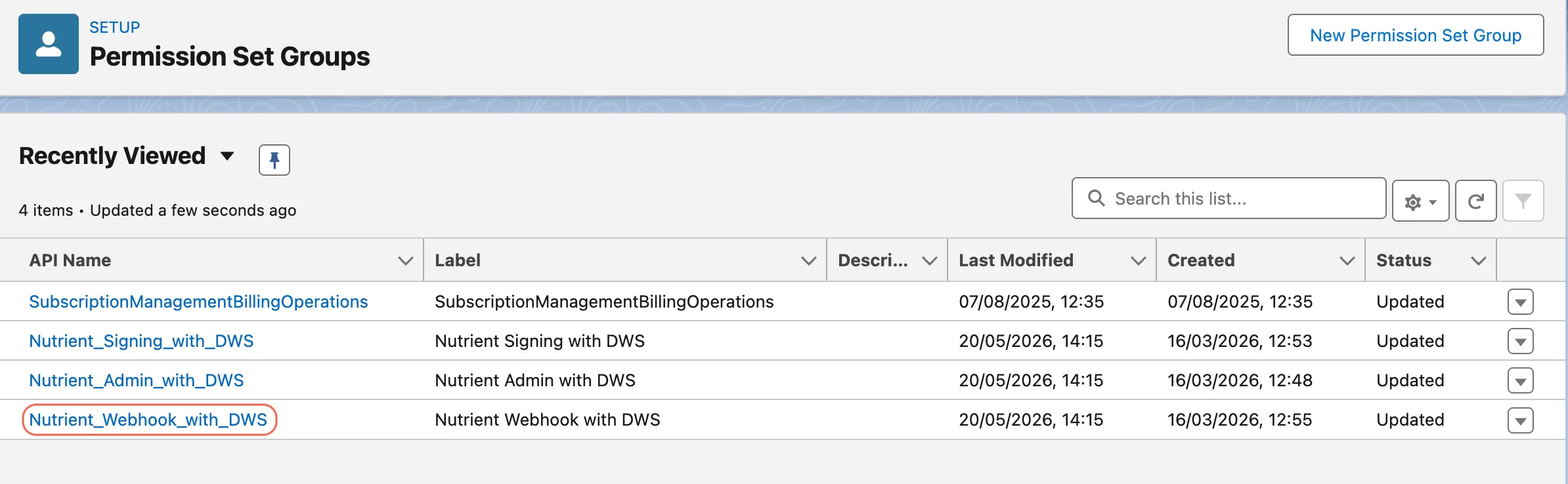 Permission Set Groups page showing Nutrient Webhook with DWS
