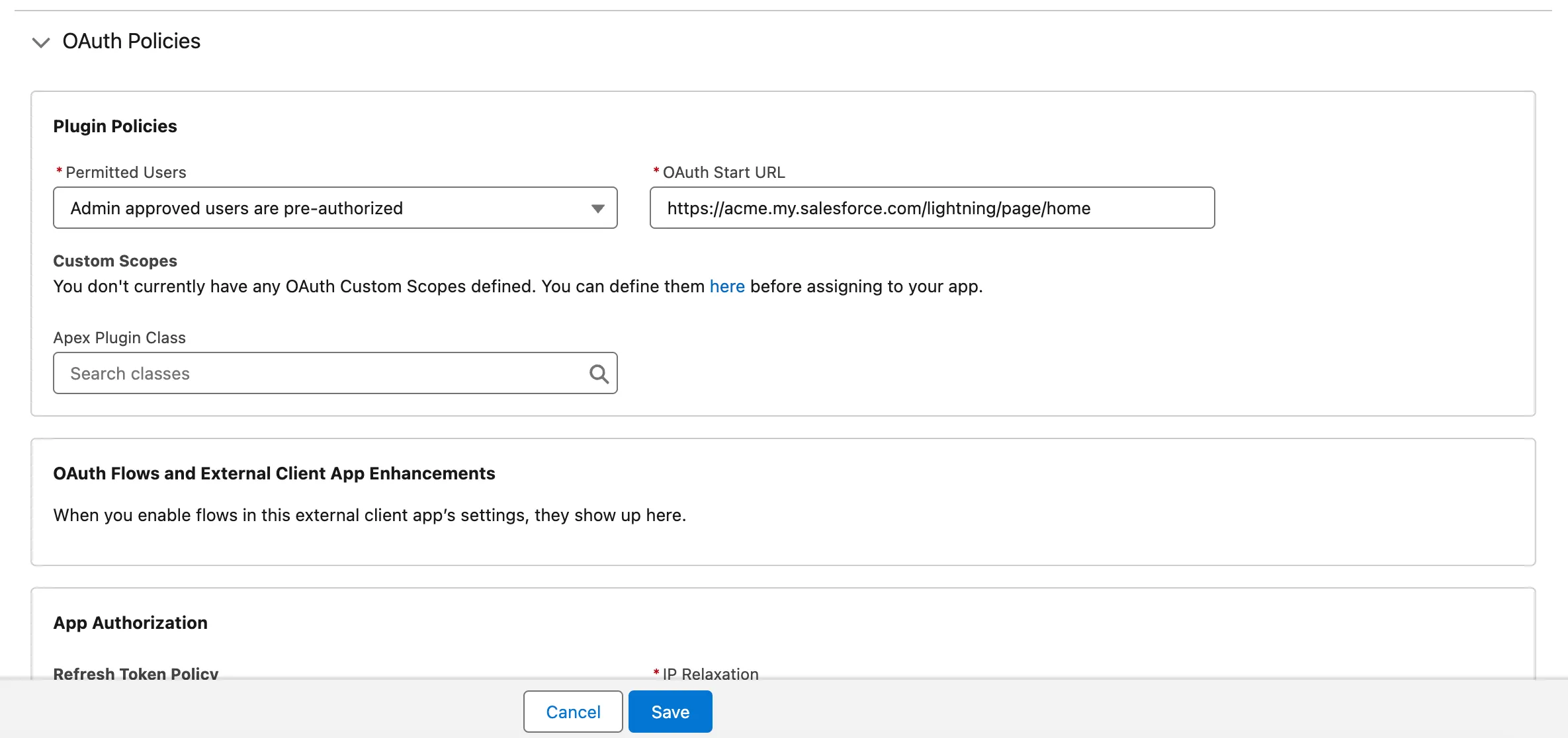 External Client App Policies screen showing OAuth Policies with Permitted Users set to admin approved users