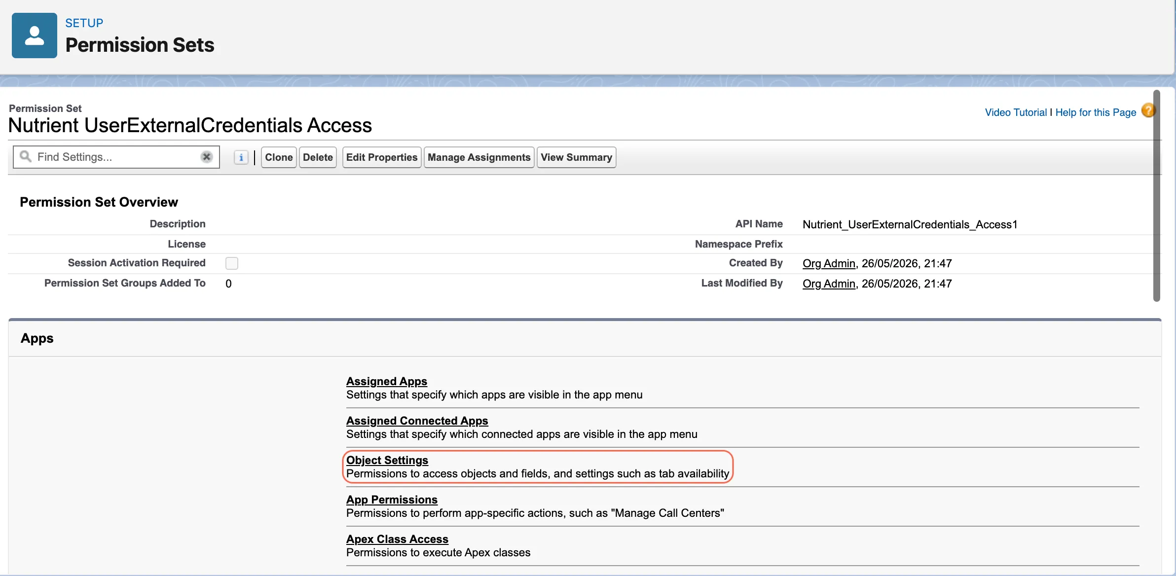 Permission set showing the Object Settings link