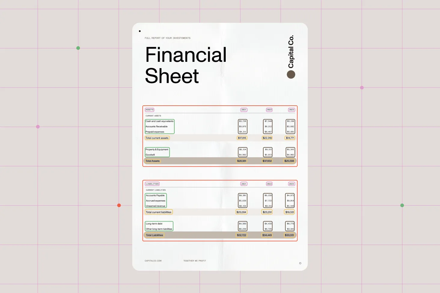 Financial Sheet document with content marked for data extraction