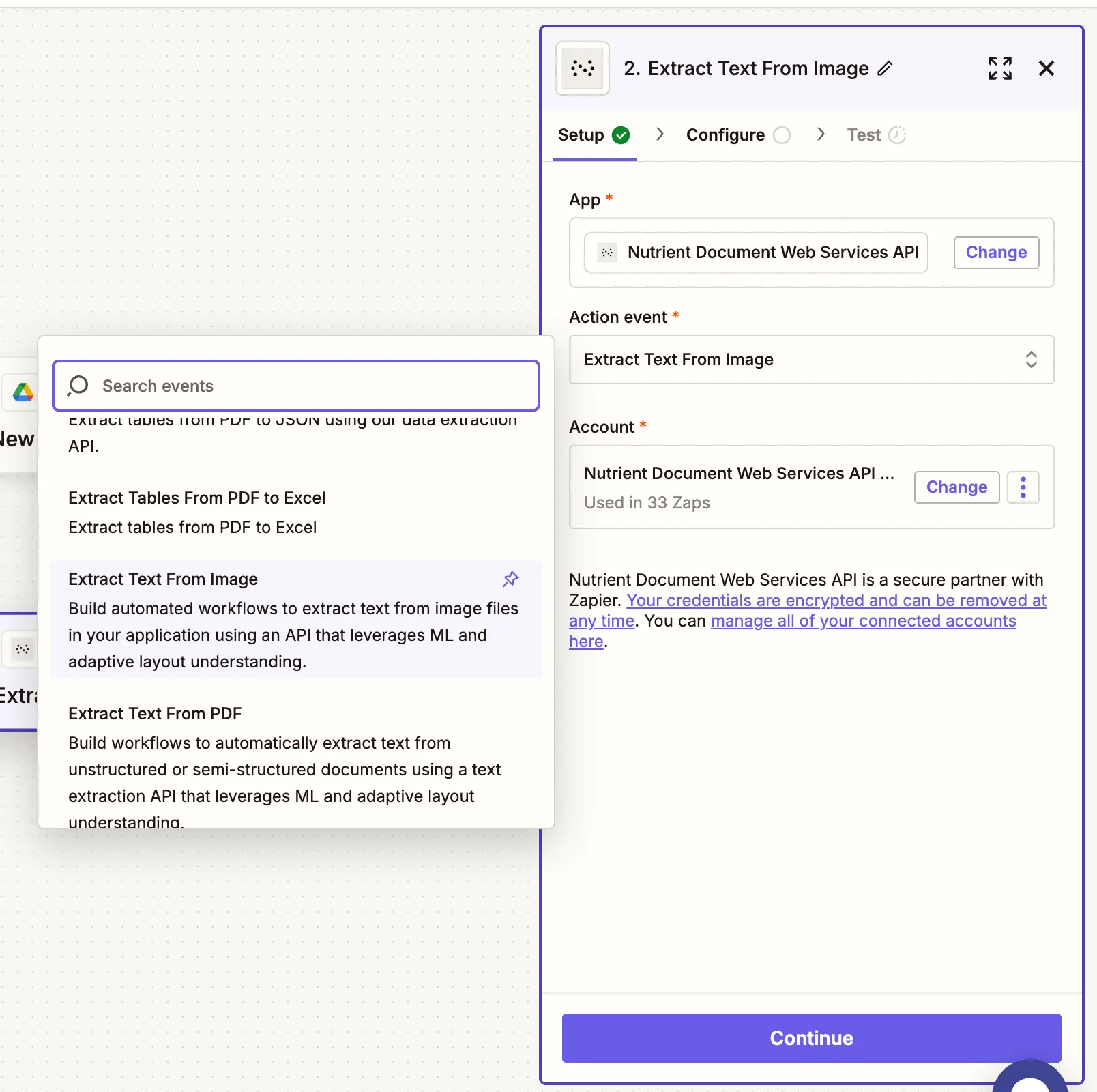 Extract Text From Image selected as action event