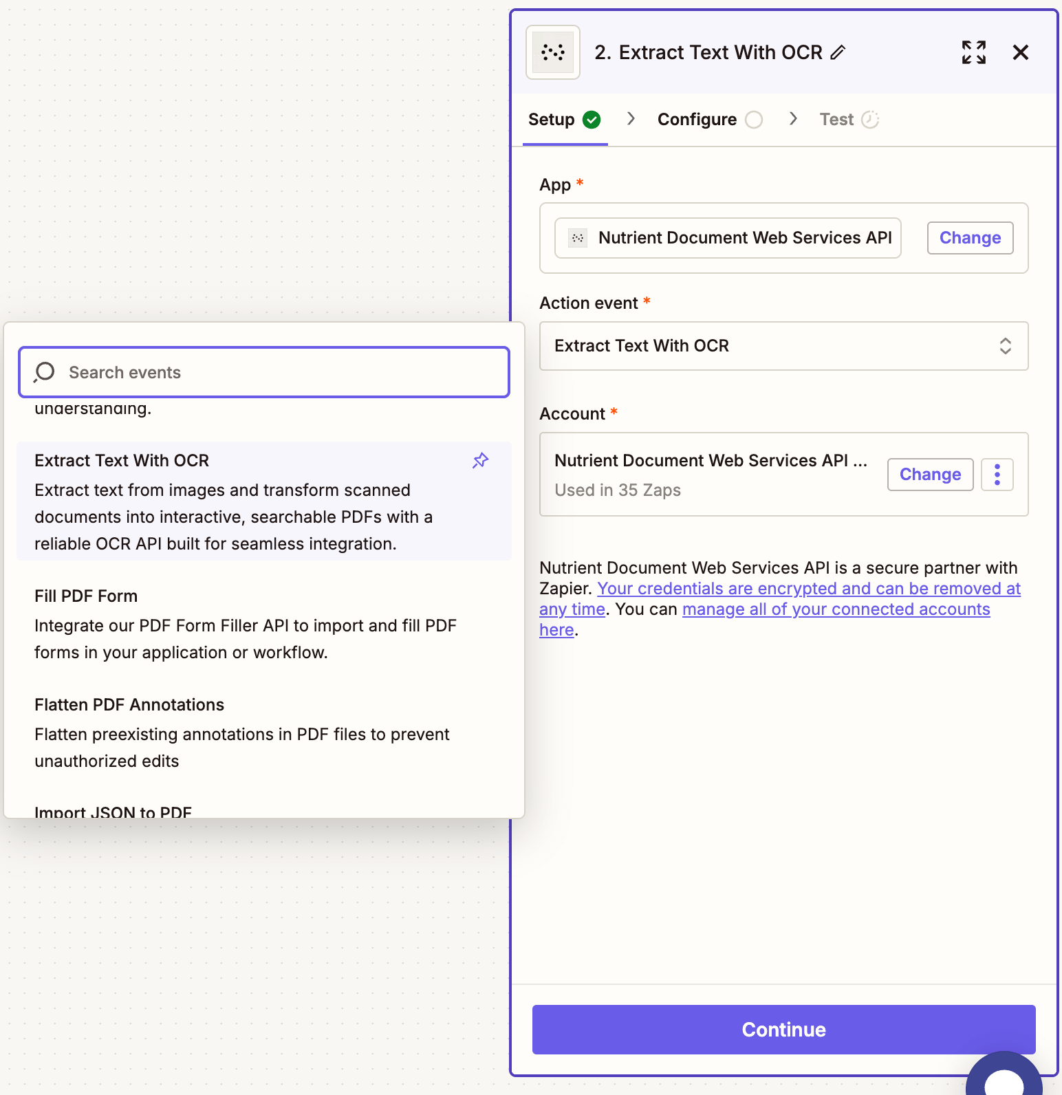 OCR action selected in Nutrient DWS Processor API