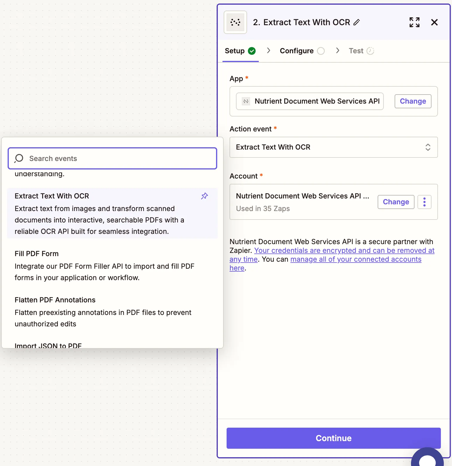 OCR action selected in Nutrient DWS Processor API
