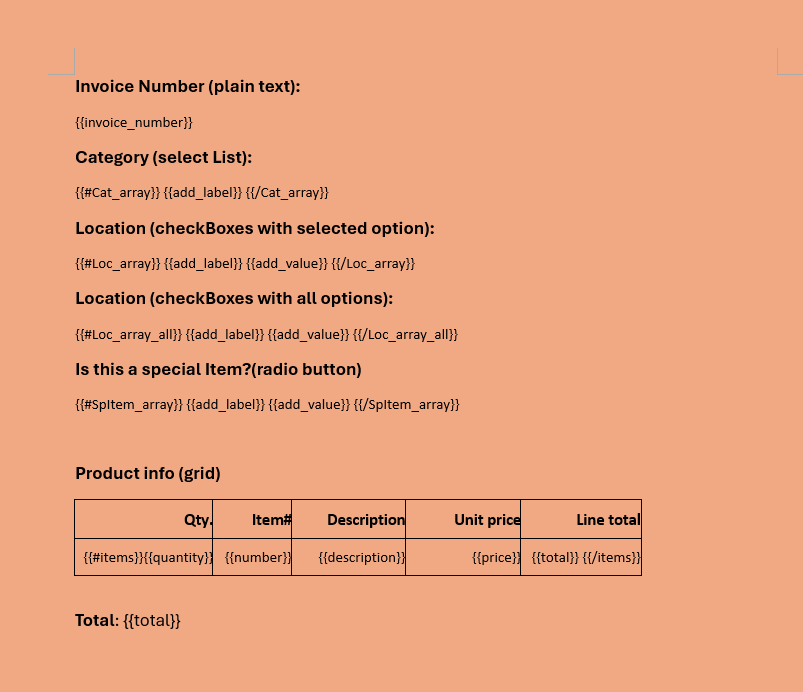 DOCX template example showing placeholders for dynamic data insertion