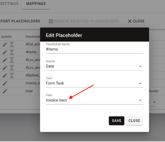 Grid mapping configuration with items placeholder connected to grid question